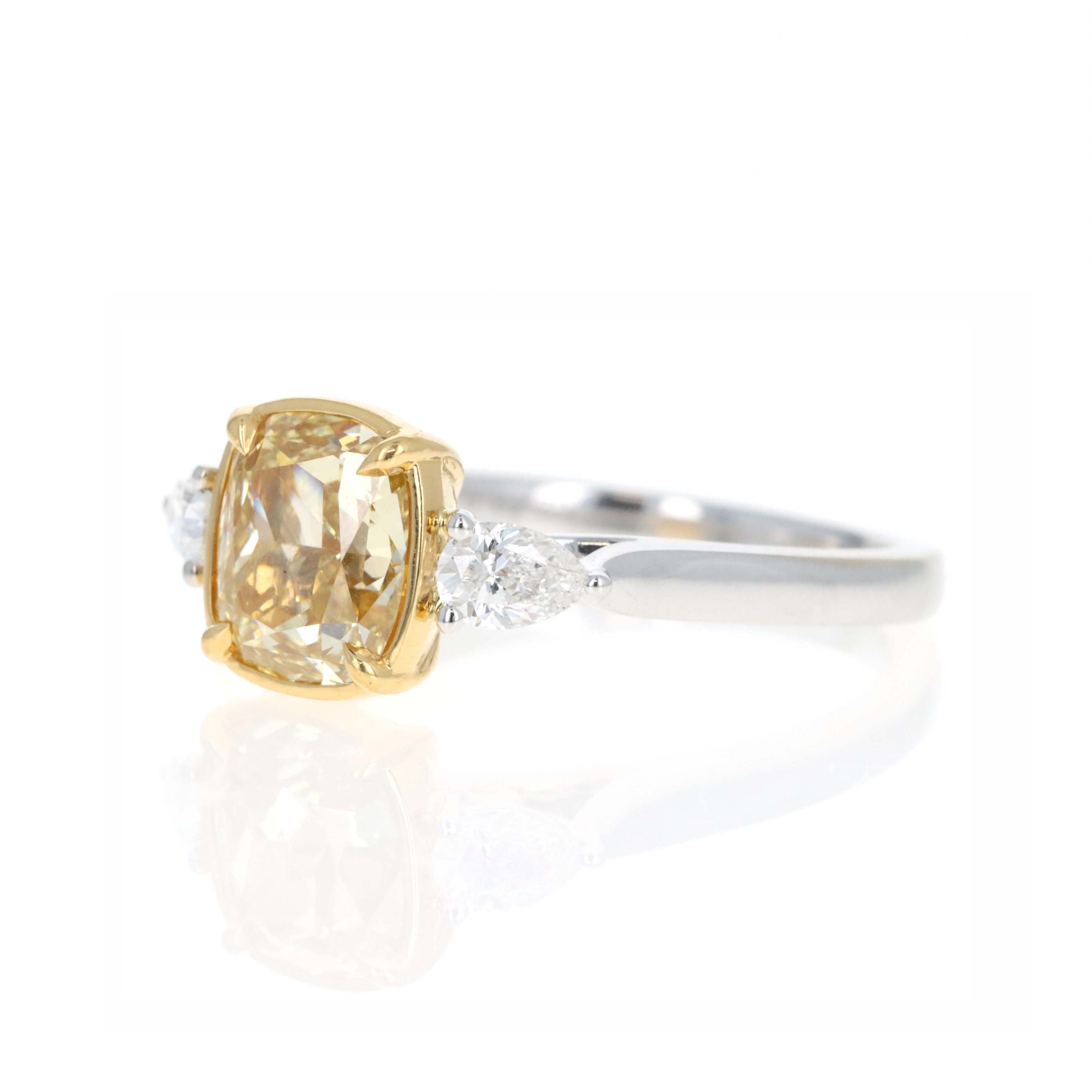 2.53 Carat Fancy Yellow Cushion Diamond Pear Three Stone Engagement Ring - Queen May