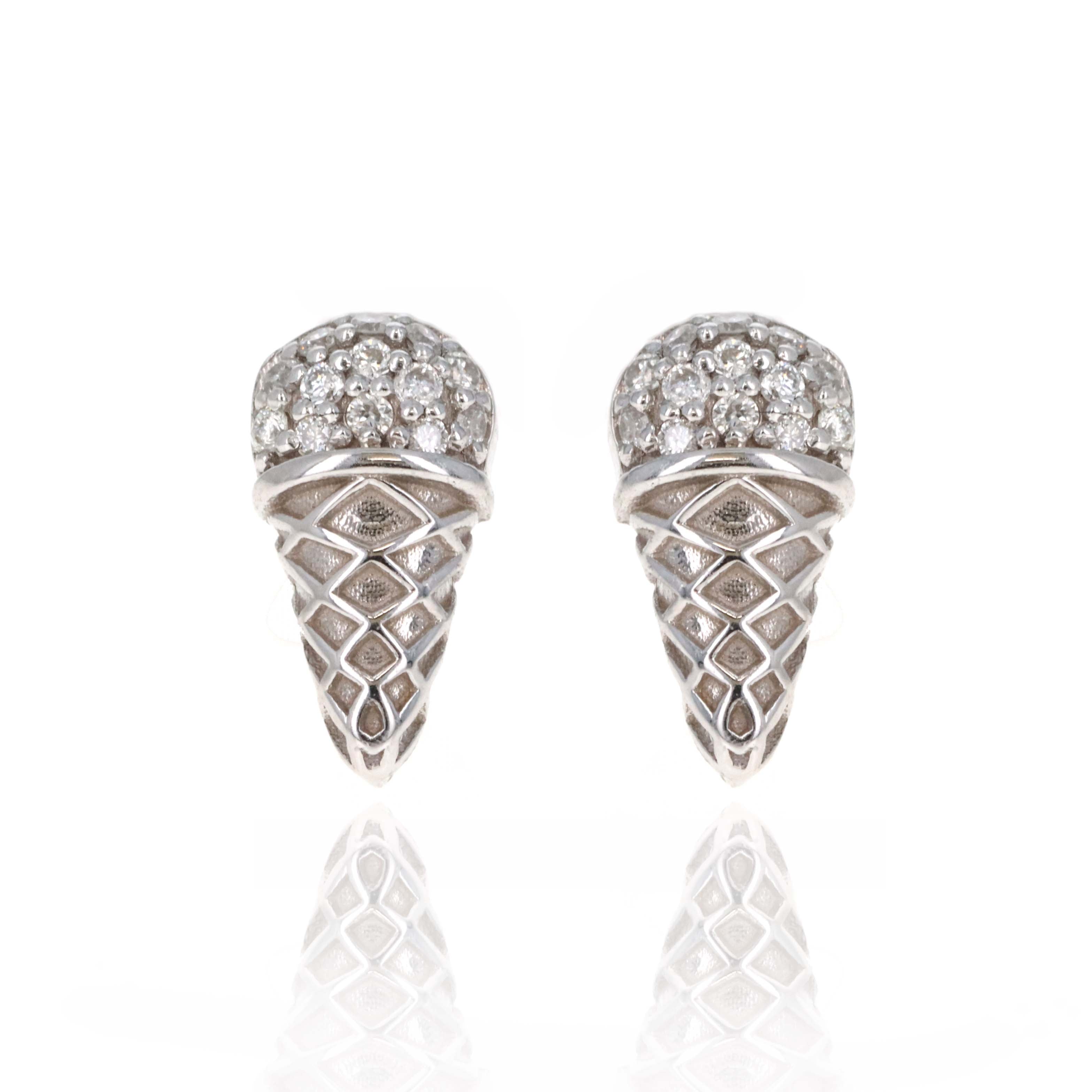 14K White Gold Diamond Ice Cream Cone Stud Earrings