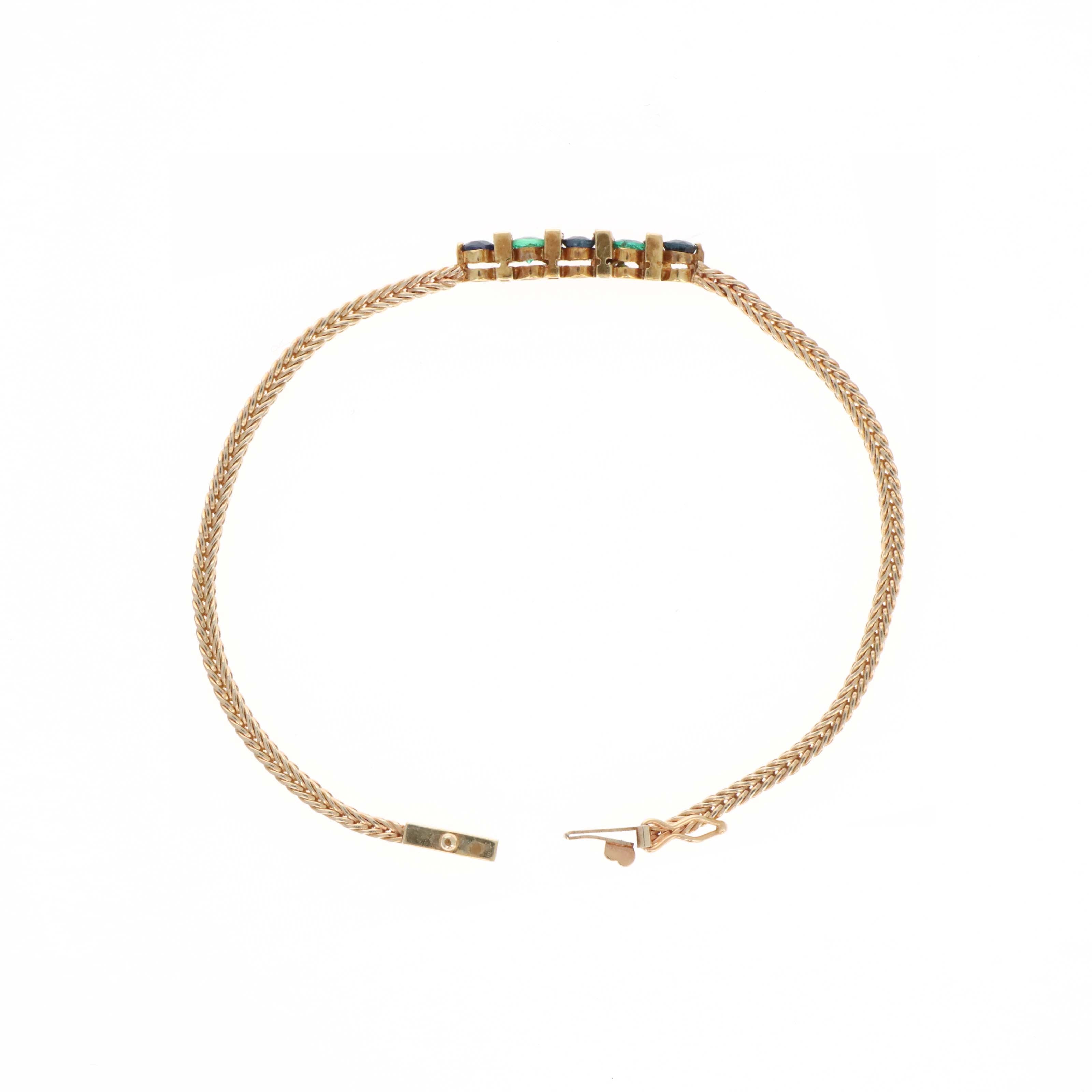 Vintage 14K Yellow Gold Sapphire Emerald Diamond Wheat Chain Bracelet