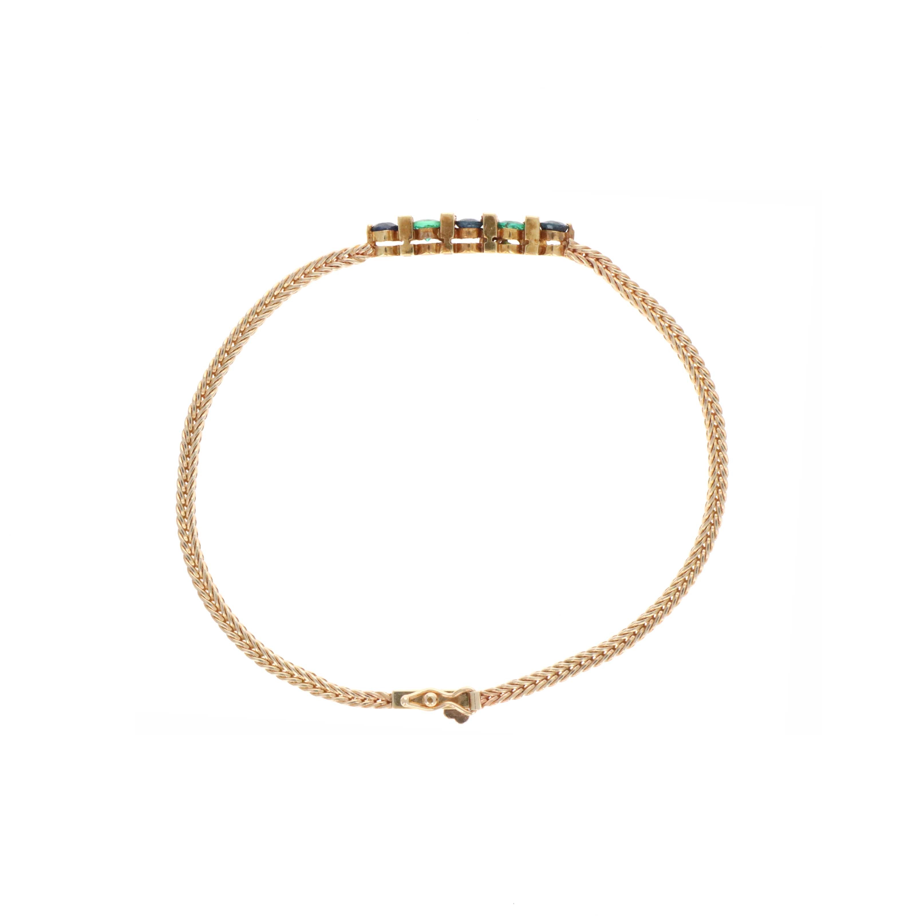 Vintage 14K Yellow Gold Sapphire Emerald Diamond Wheat Chain Bracelet