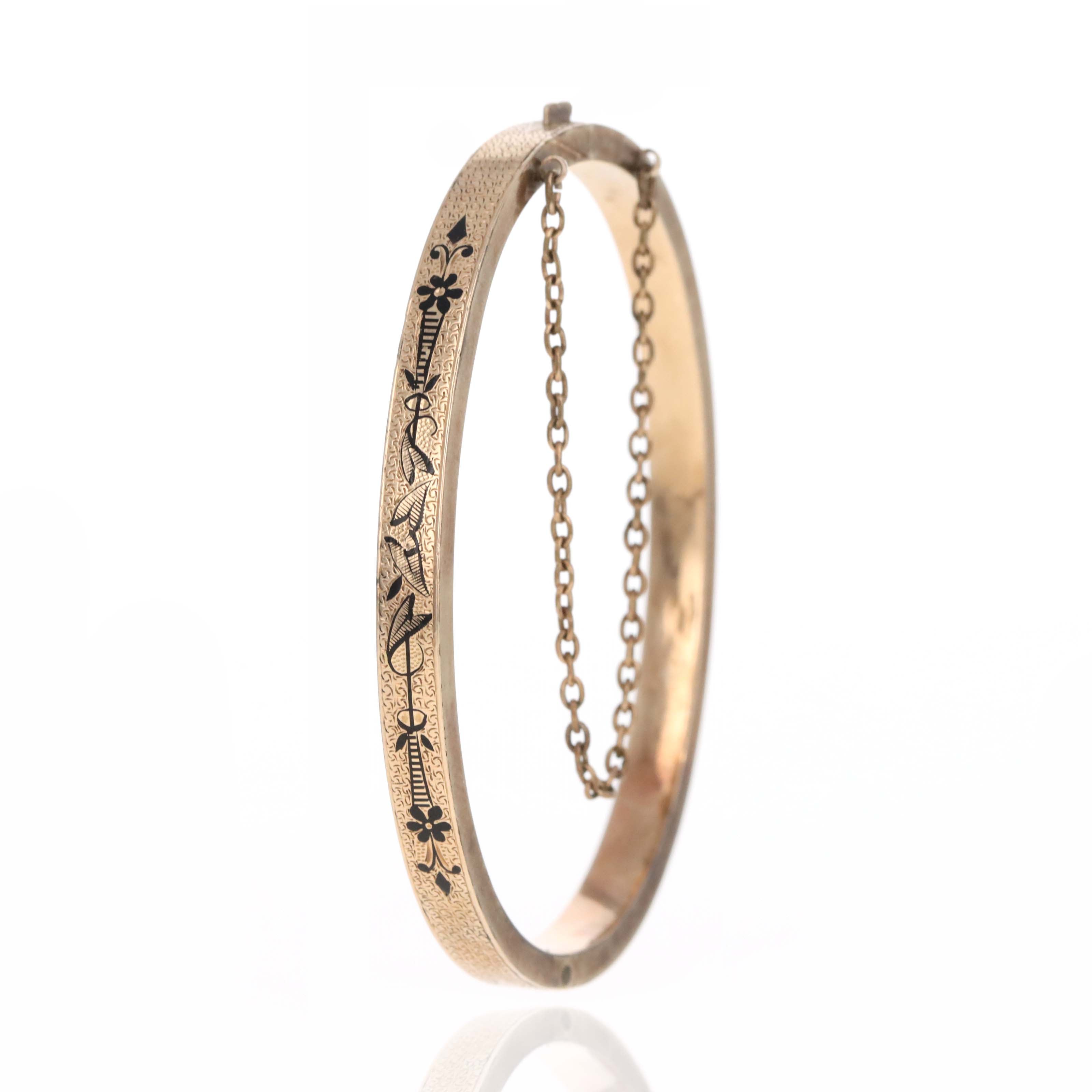 Victorian 14K Rose Gold Enamel Engraved Bangle