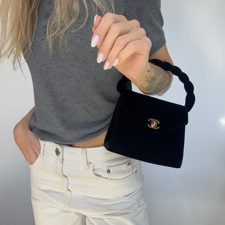 Ultra Rare Vintage Chanel Black Velvet Trusted Top Handle Bag 1996-1997 - Queen May