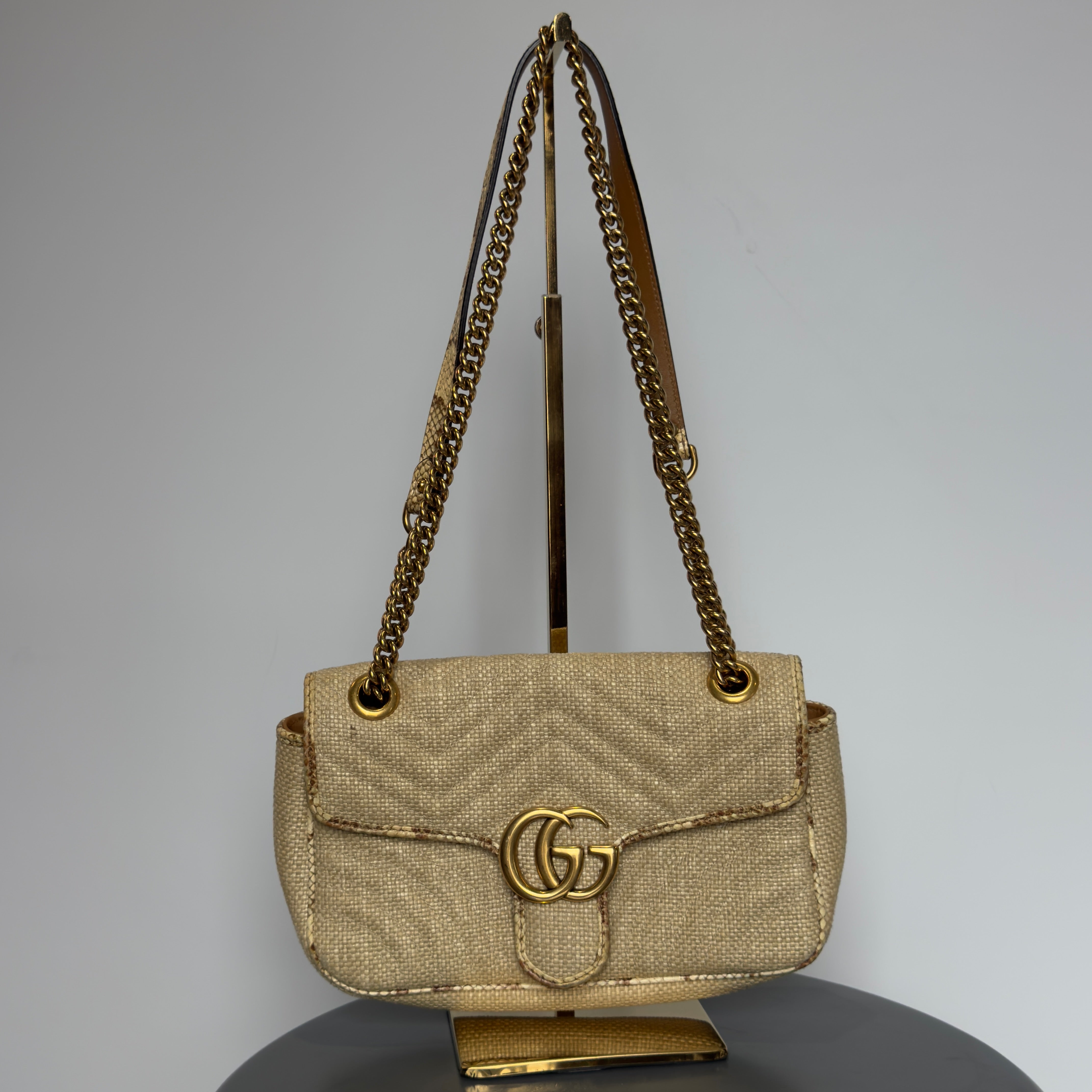 Gucci Raffia Elaphe Matelasse Small GG Shoulder Bag Natural Cream Brown
