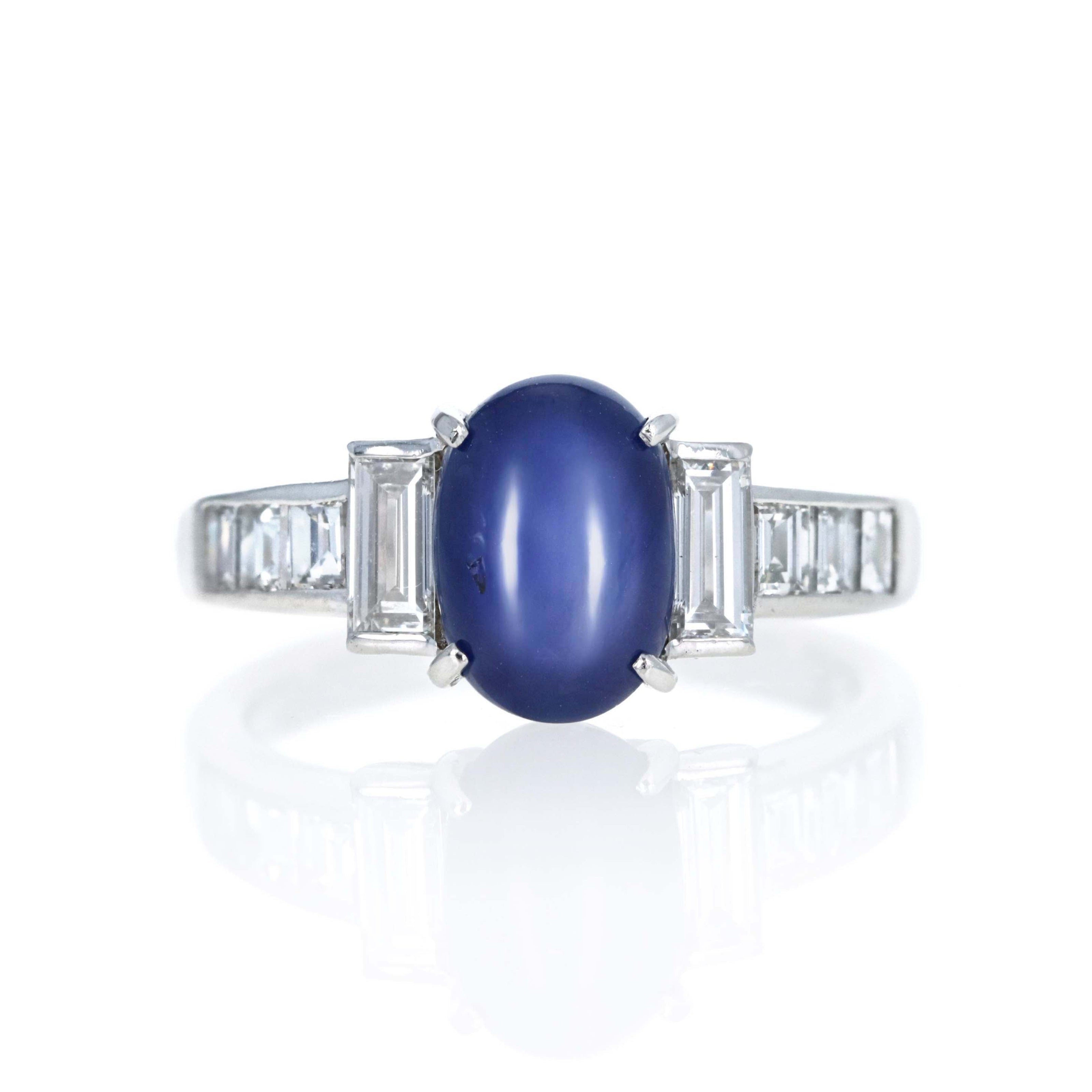 Platinum 3.77 Carat Oval Star Sapphire Diamond Baguette Ring