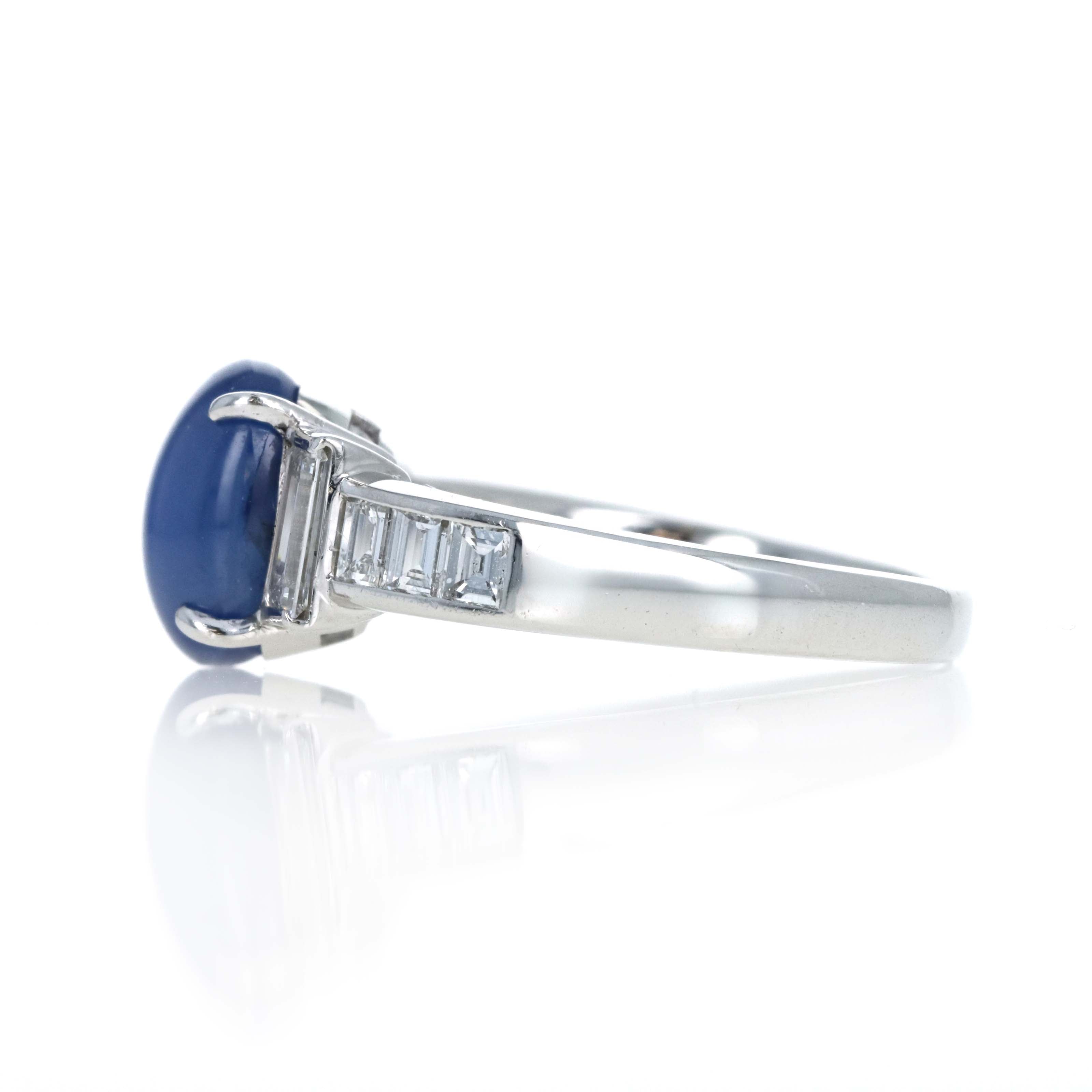 Platinum 3.77 Carat Oval Star Sapphire Diamond Baguette Ring