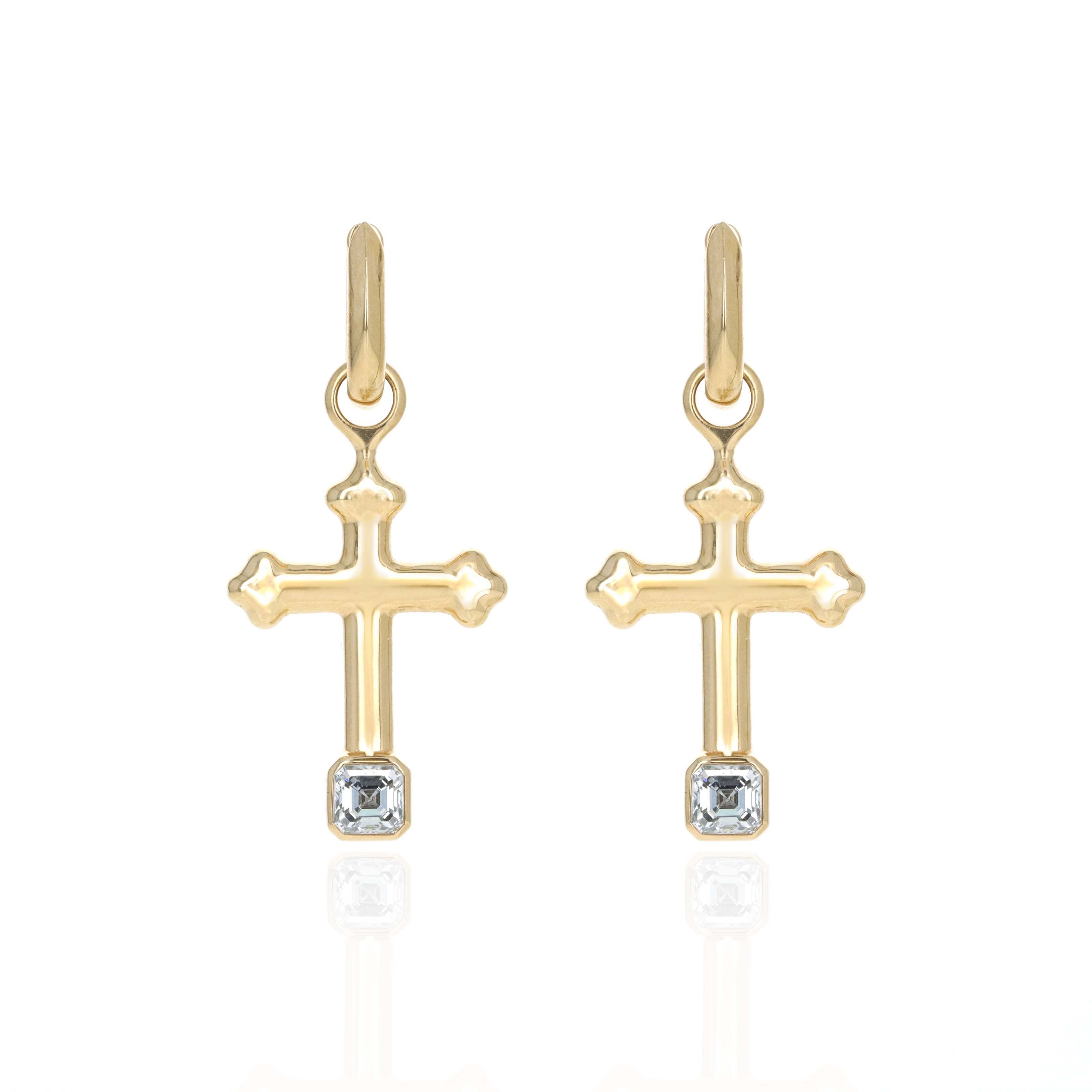 Uniform Object 18K Yellow Gold 0.72 Carat Asscher Diamond Cross Carriage Huggie Earrings - Queen May
