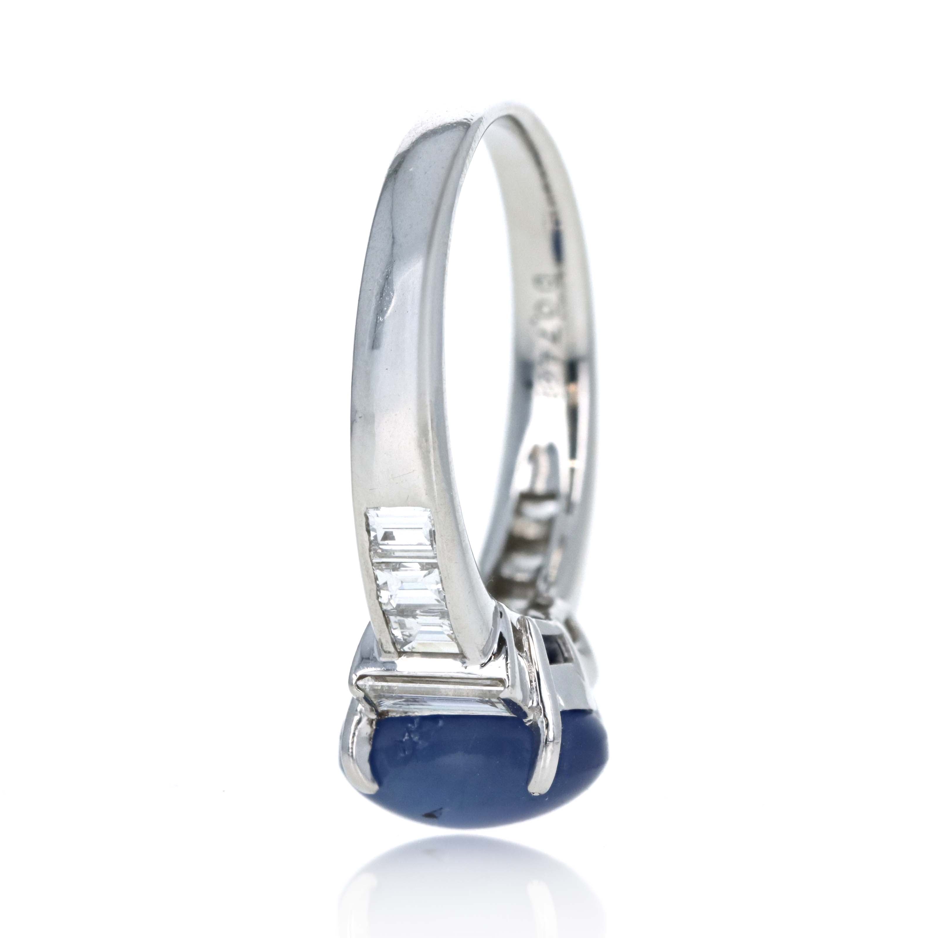 Platinum 3.77 Carat Oval Star Sapphire Diamond Baguette Ring