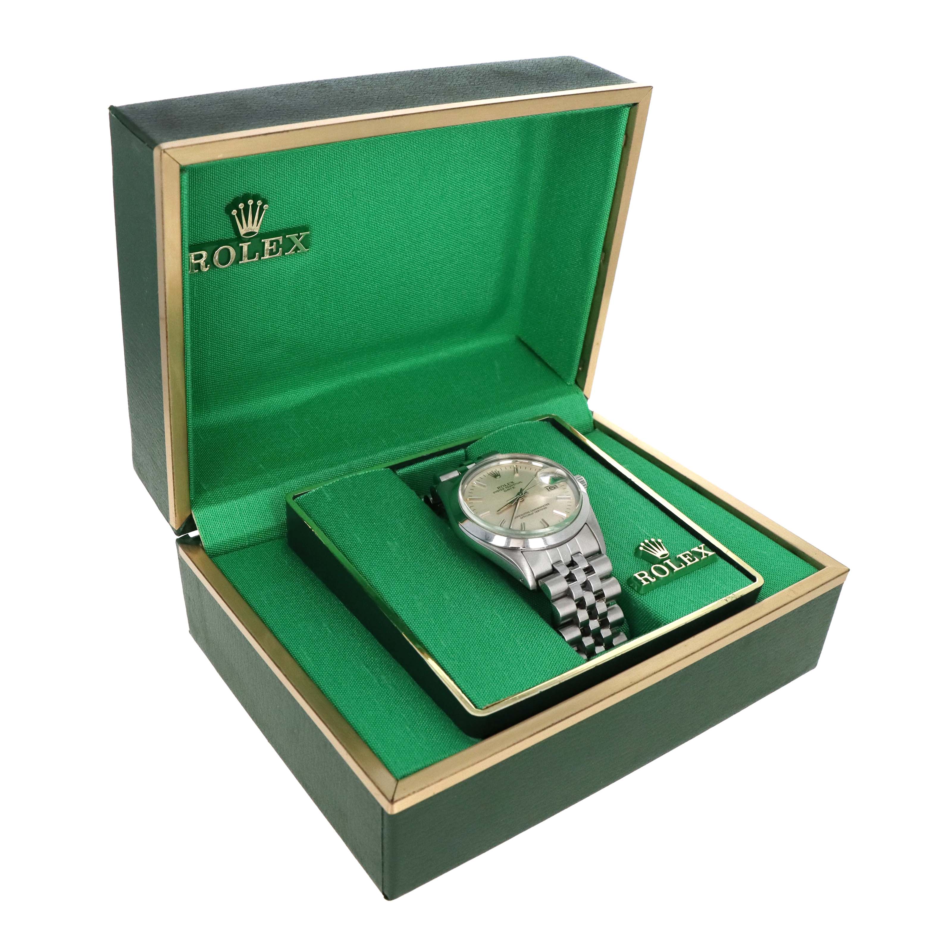 Rolex Oyster Perpetual Date 34MM Model 15000 Silver Stick Dial With Box & Papers - Queen May