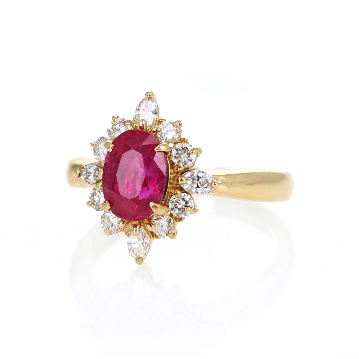 18k Yellow Gold 1.16 Carat Oval Ruby & Diamond Halo Ring