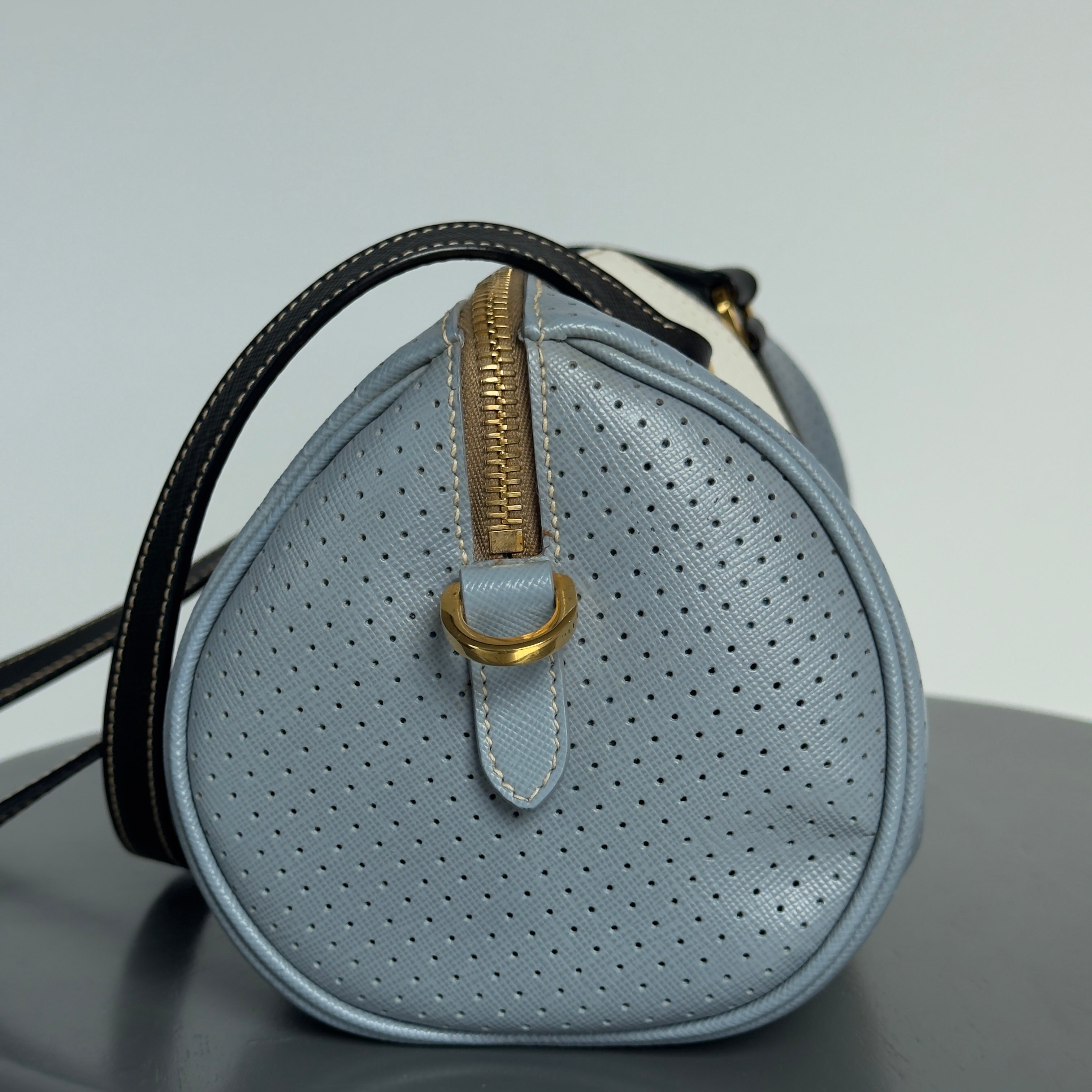 Prada Perforated Saffiano Lux Bauletto Bag Light Blue