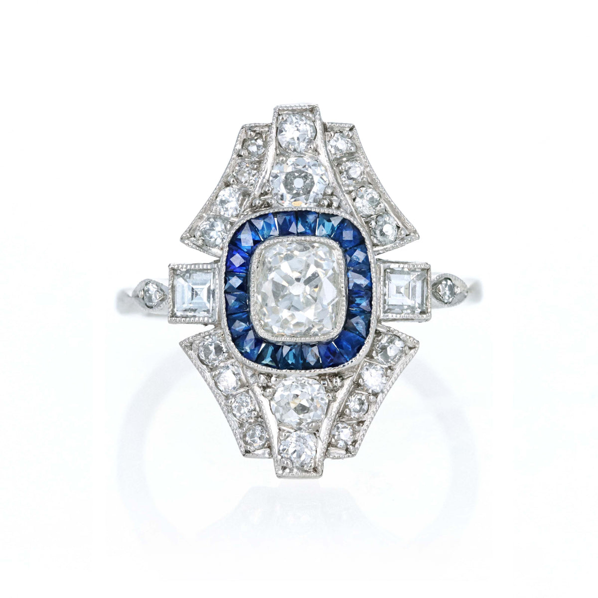 Art Deco Inspired Platinum Old Mine Cut Diamond & Sapphire Shield Ring