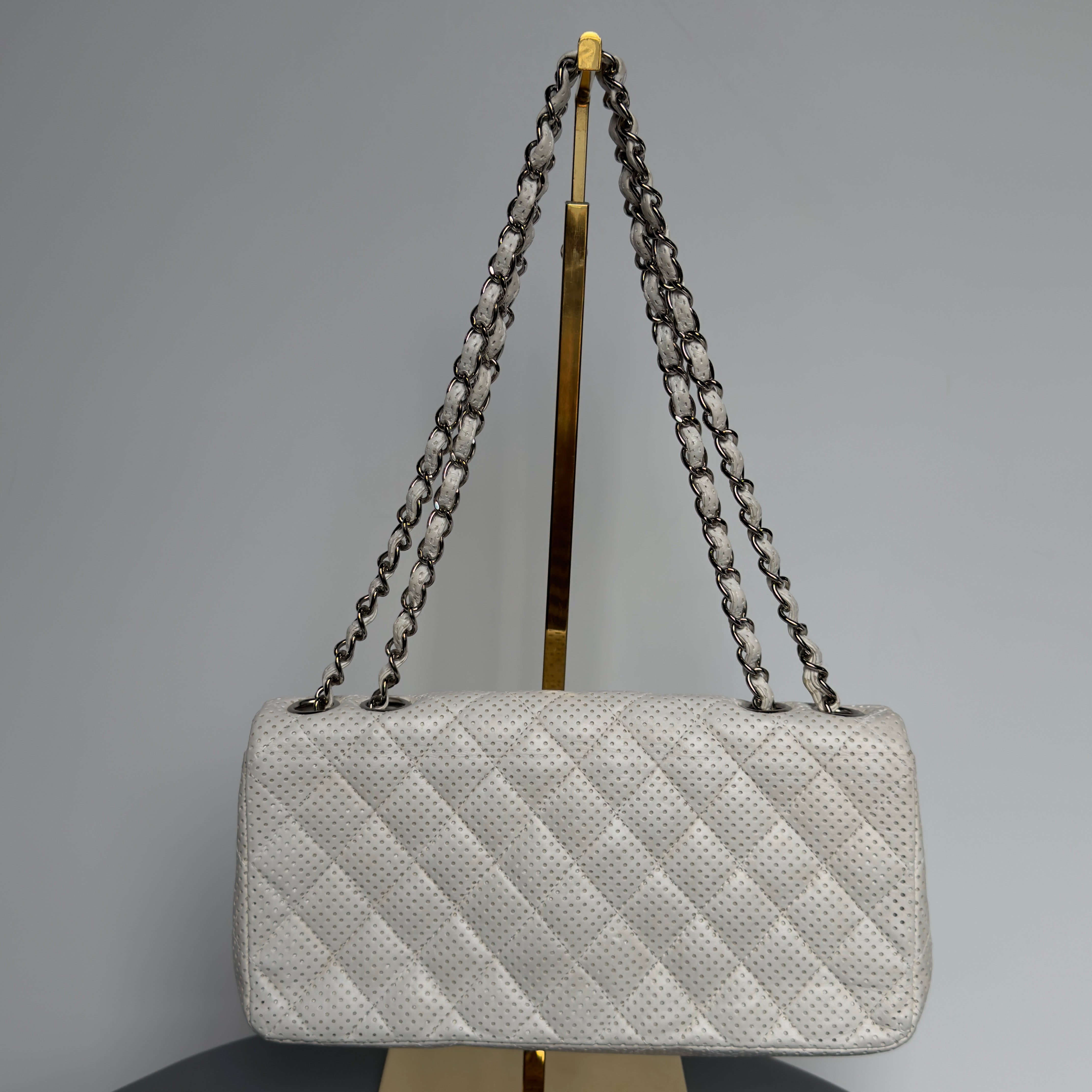 Chanel White Perforated East West Flap Bag