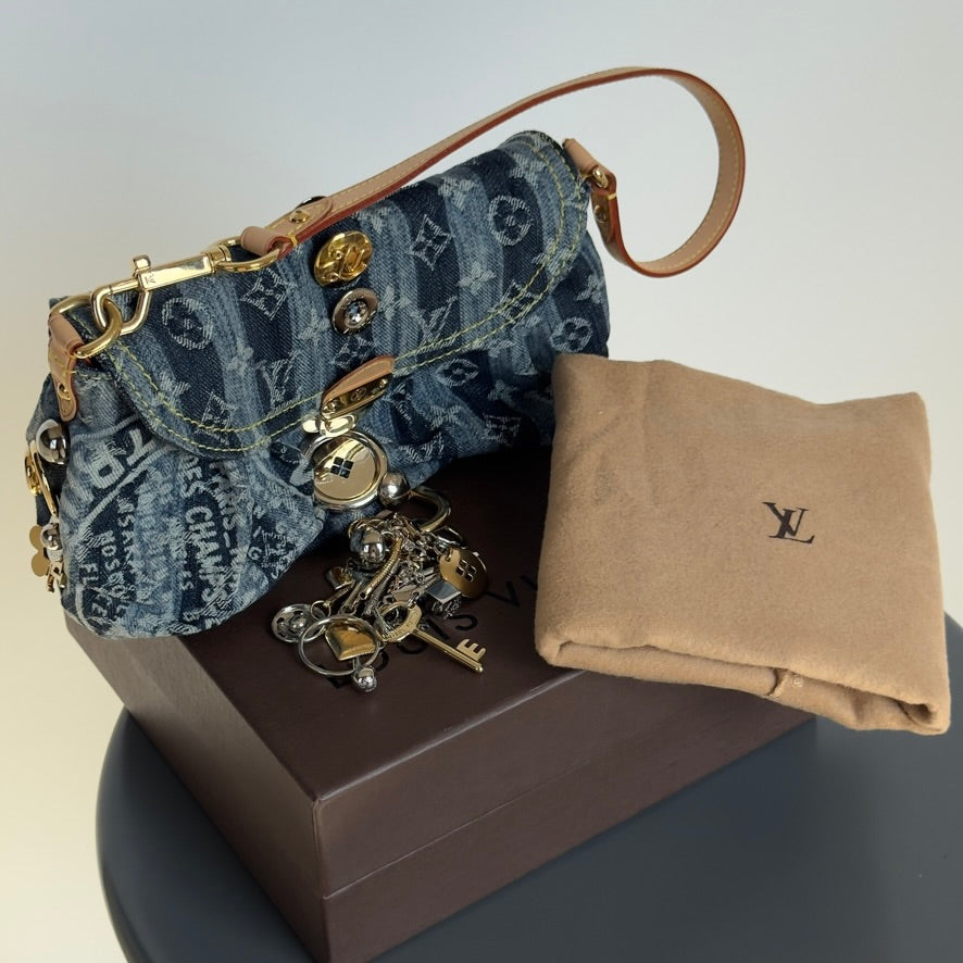 Rare Limited Edition Louis Vuitton Blue Monogram Raye Denim Judy Blame Mini Pleaty Gold & Silver Hardware, 2008 6 Charms - Queen May