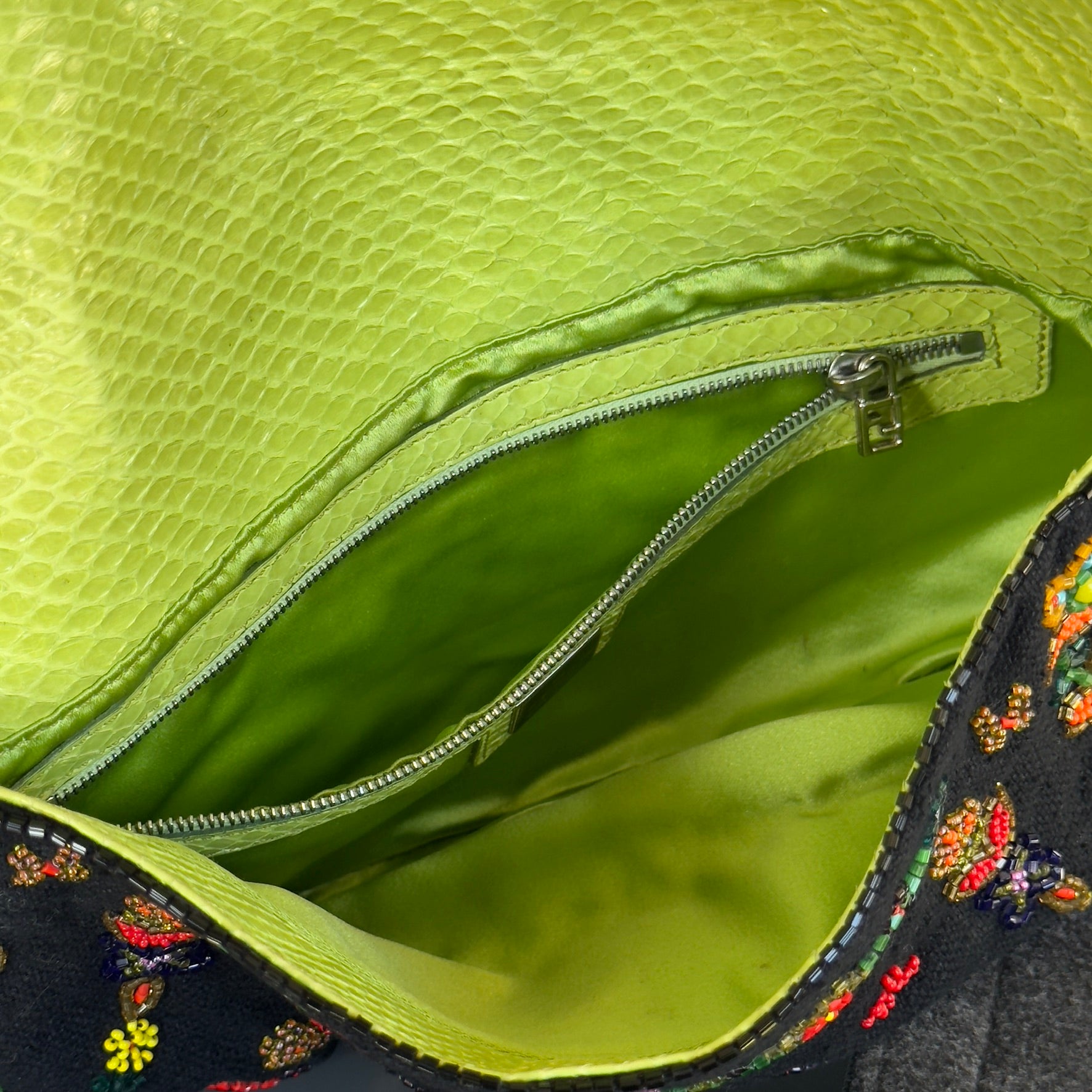 Rare Fendi Black Floral Beaded Baguette With Green Python Strap and Flap - Queen May