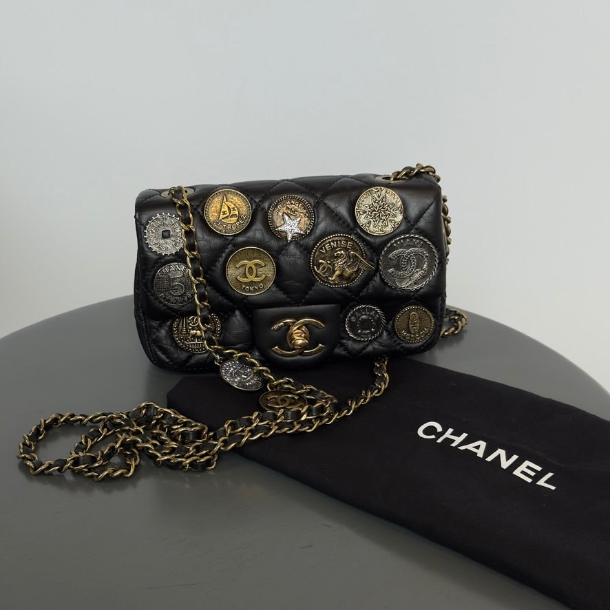 Limited Edition Chanel 2015 Calfskin Paris Dubai Coin Collector Extra Mini Flap Bag - Queen May
