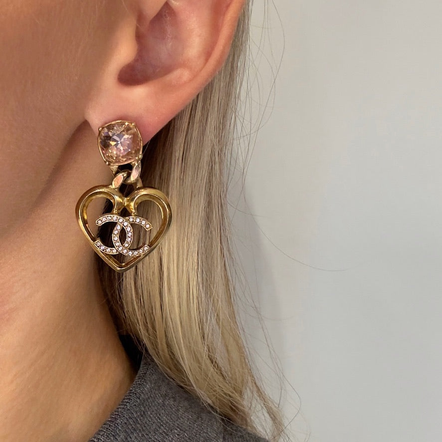 Chanel Pink and Clear Strass Heart Gold Metal Earrings 2023 - Queen May