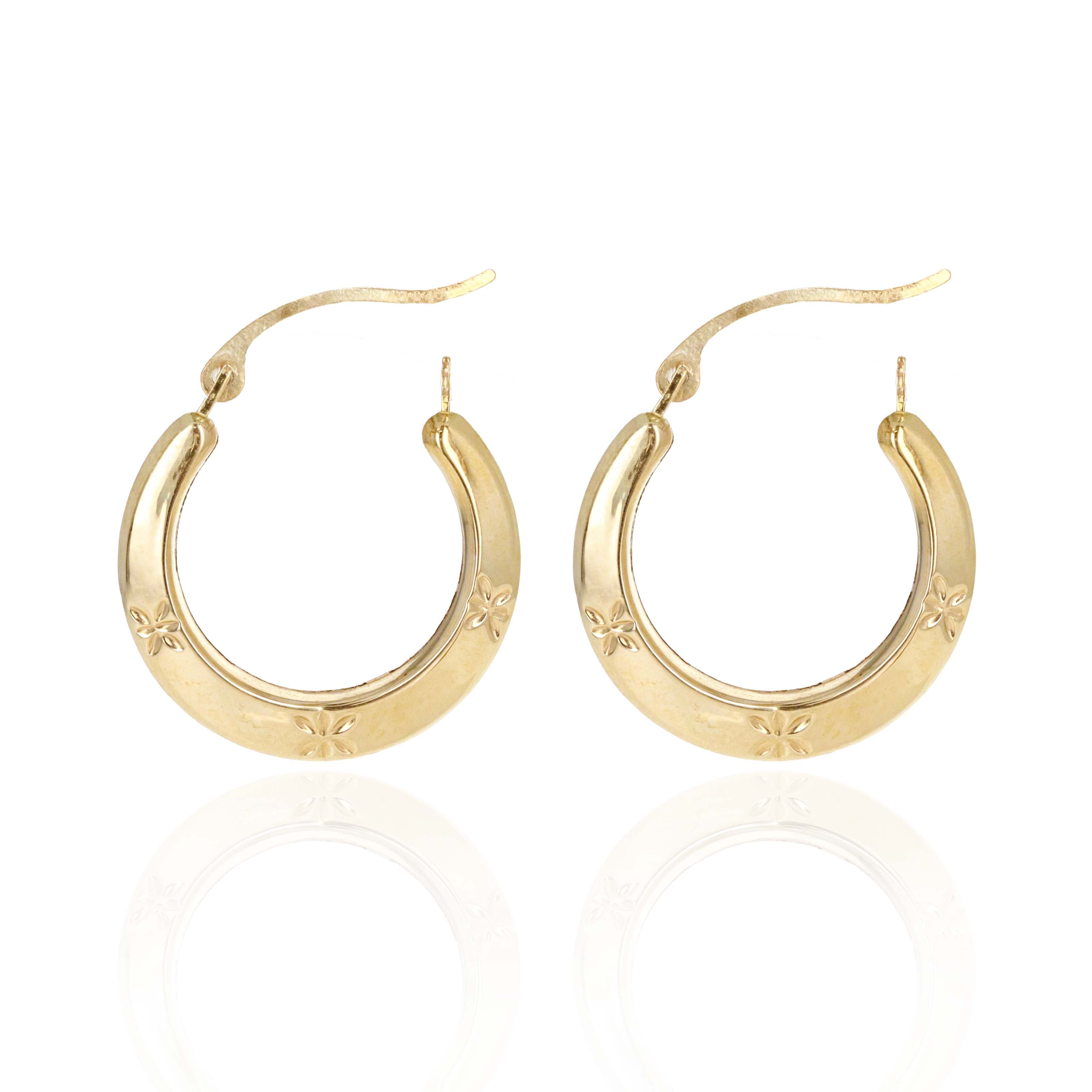 10K Yellow Gold Engraved Hollow Hoop Earrings