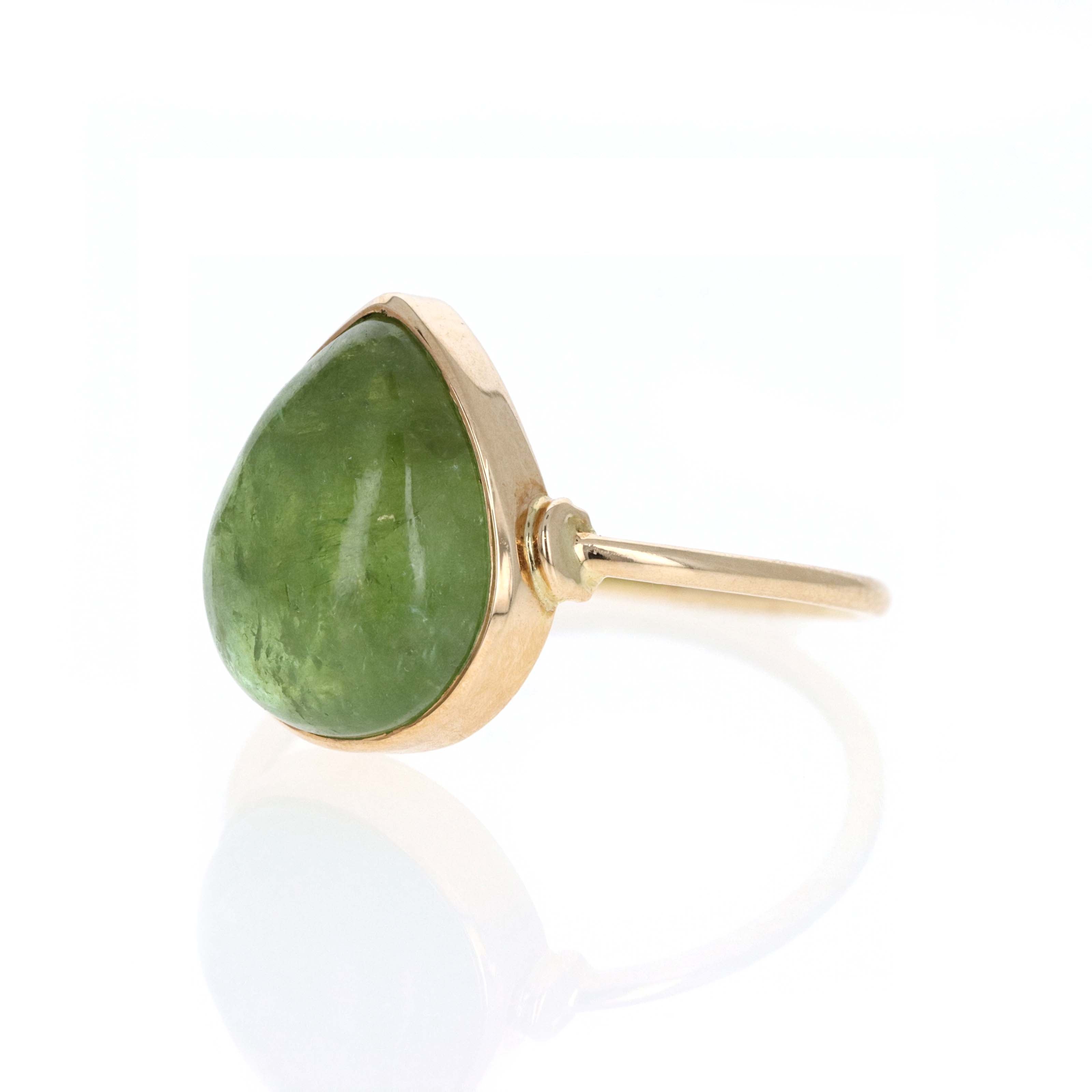 14K Yellow Gold 6.3 Carat Cabochon Green Tourmaline Bezel Ring - Queen May
