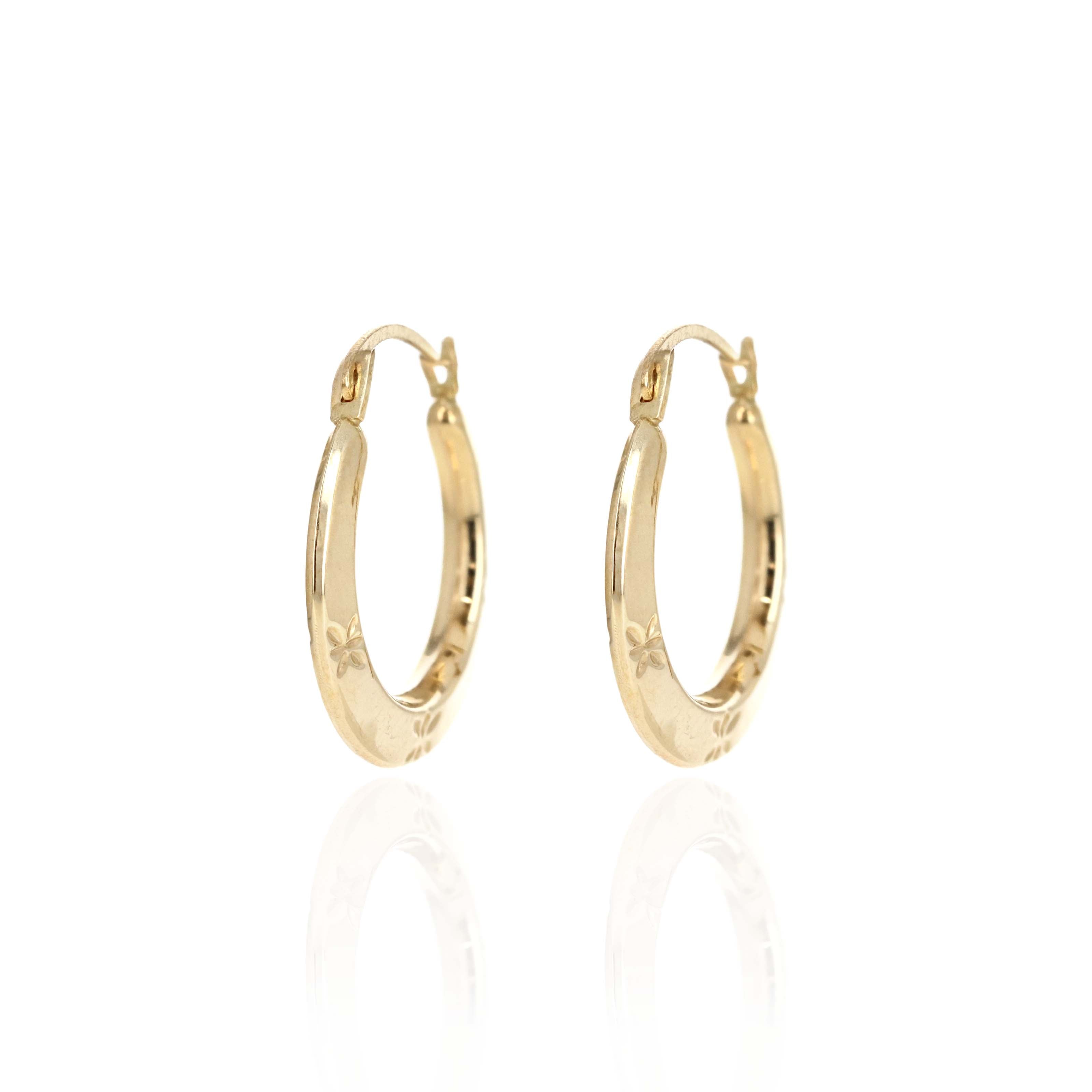 10K Yellow Gold Engraved Hollow Hoop Earrings