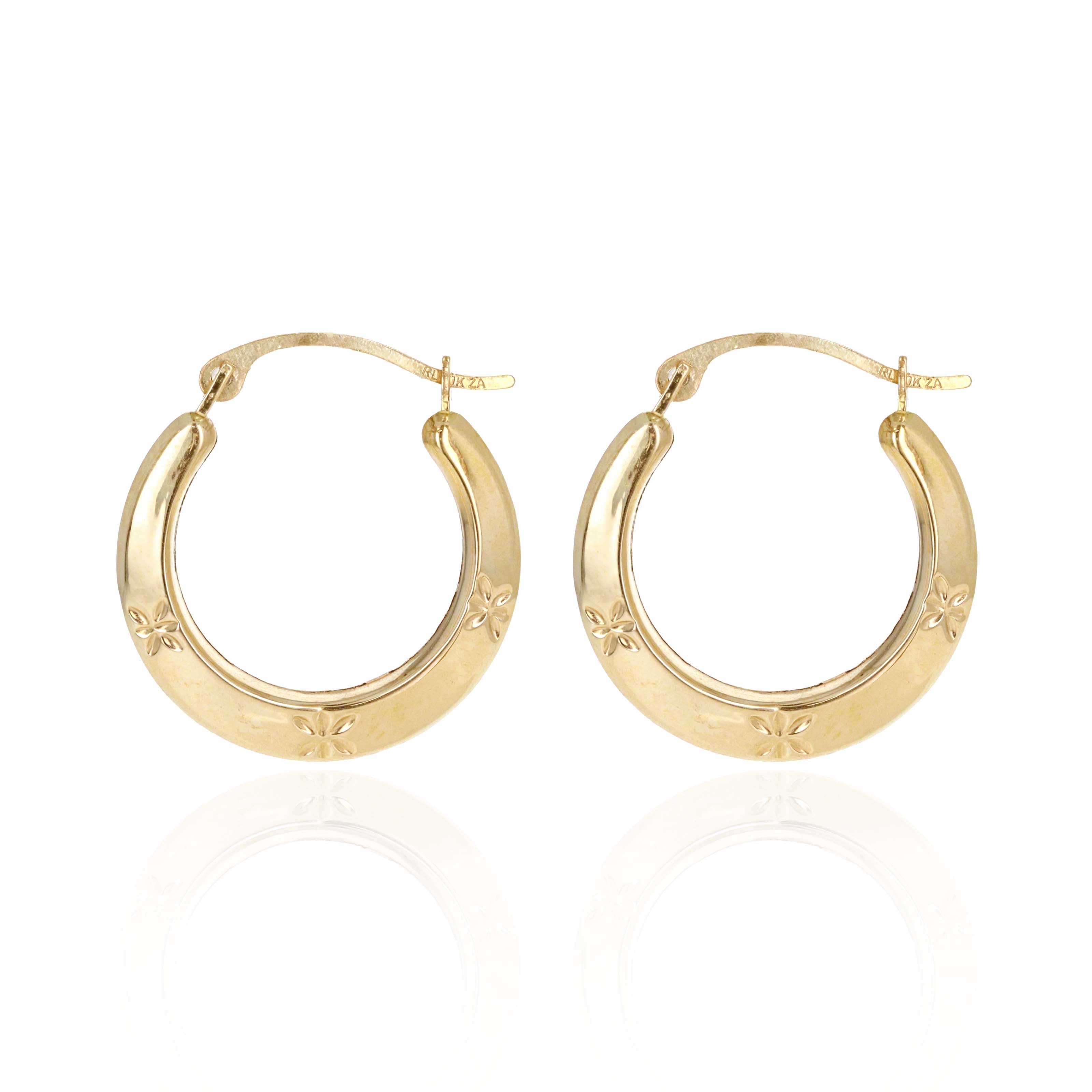 10K Yellow Gold Engraved Hollow Hoop Earrings