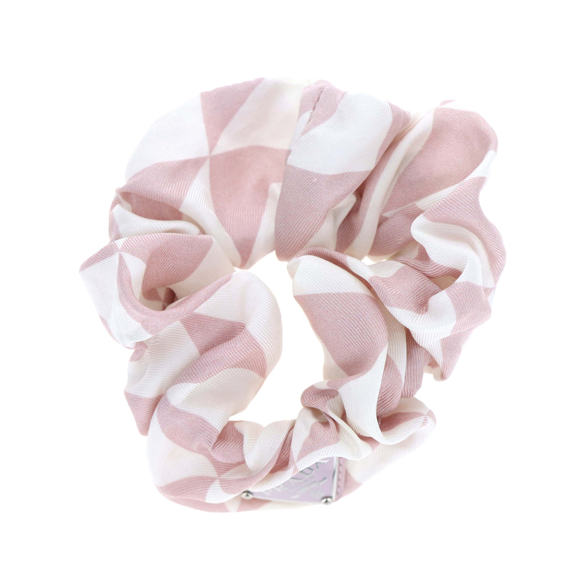 Prada Pink and White Enamel Triangle Logo Striped Silk Scrunchie - Queen May