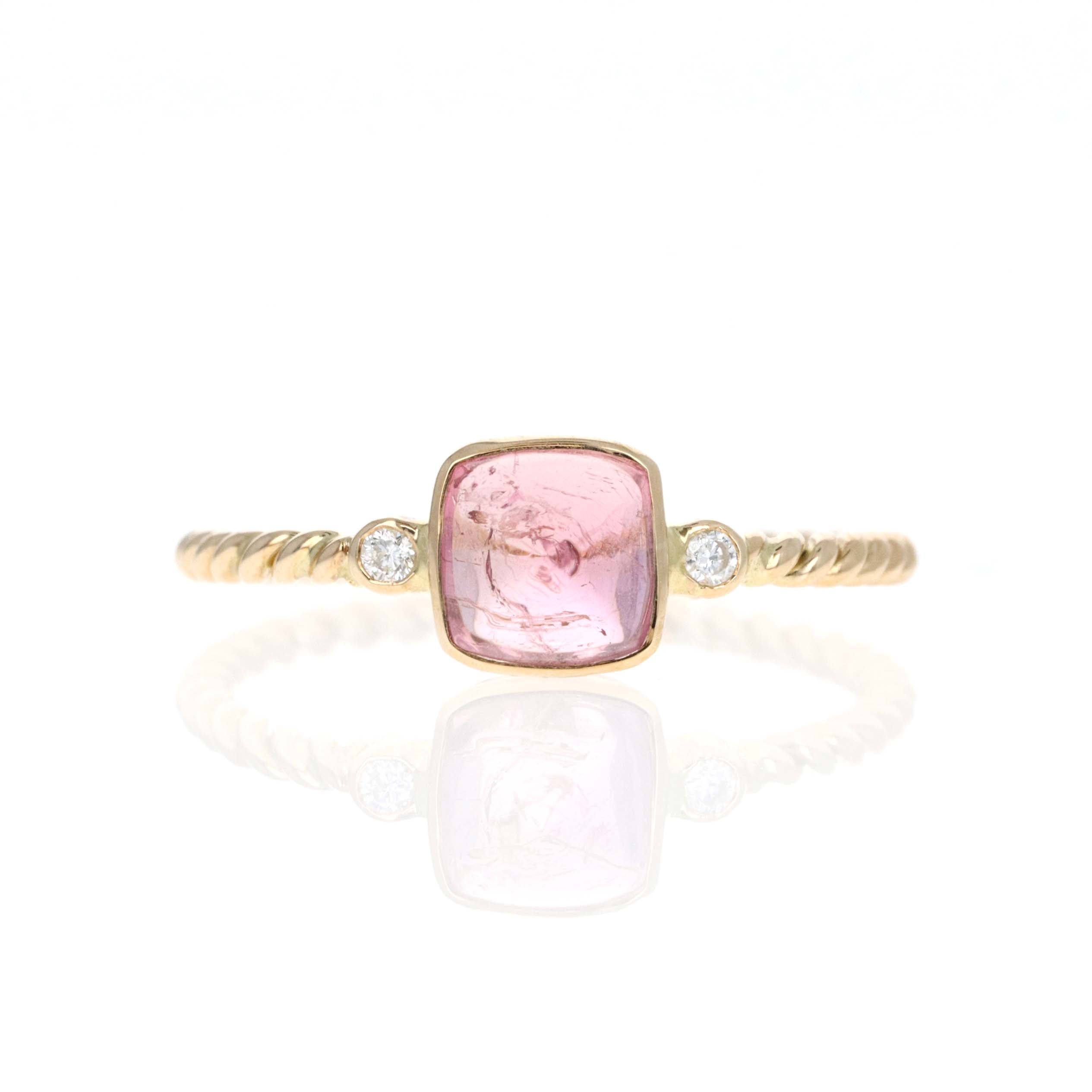 14K Yellow Gold 1.22 Carat Cabochon Pink Tourmaline Diamond Bezel Braided Ring - Queen May