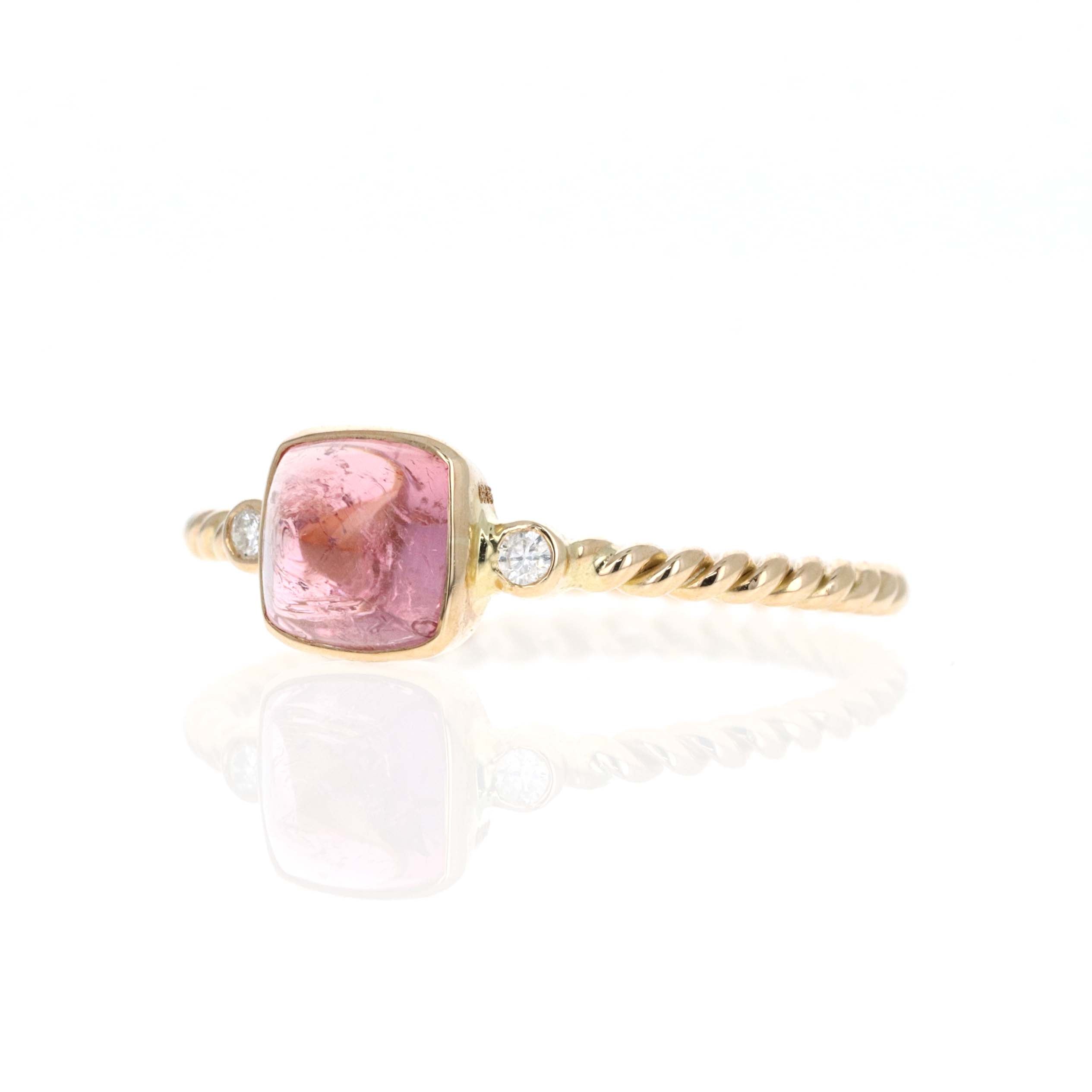 14K Yellow Gold 1.22 Carat Cabochon Pink Tourmaline Diamond Bezel Braided Ring - Queen May