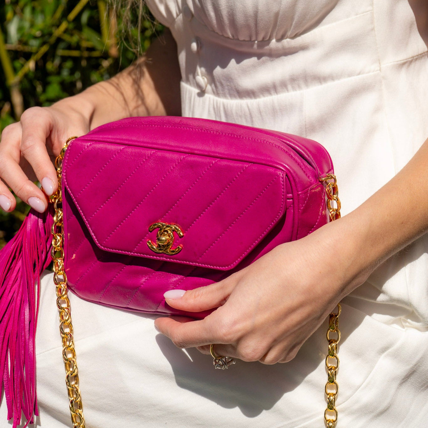 Chanel Mademoiselle Fringe Chain Shoulder Bag Lambskin Fuchsia CC Bijoux Chain - Queen May