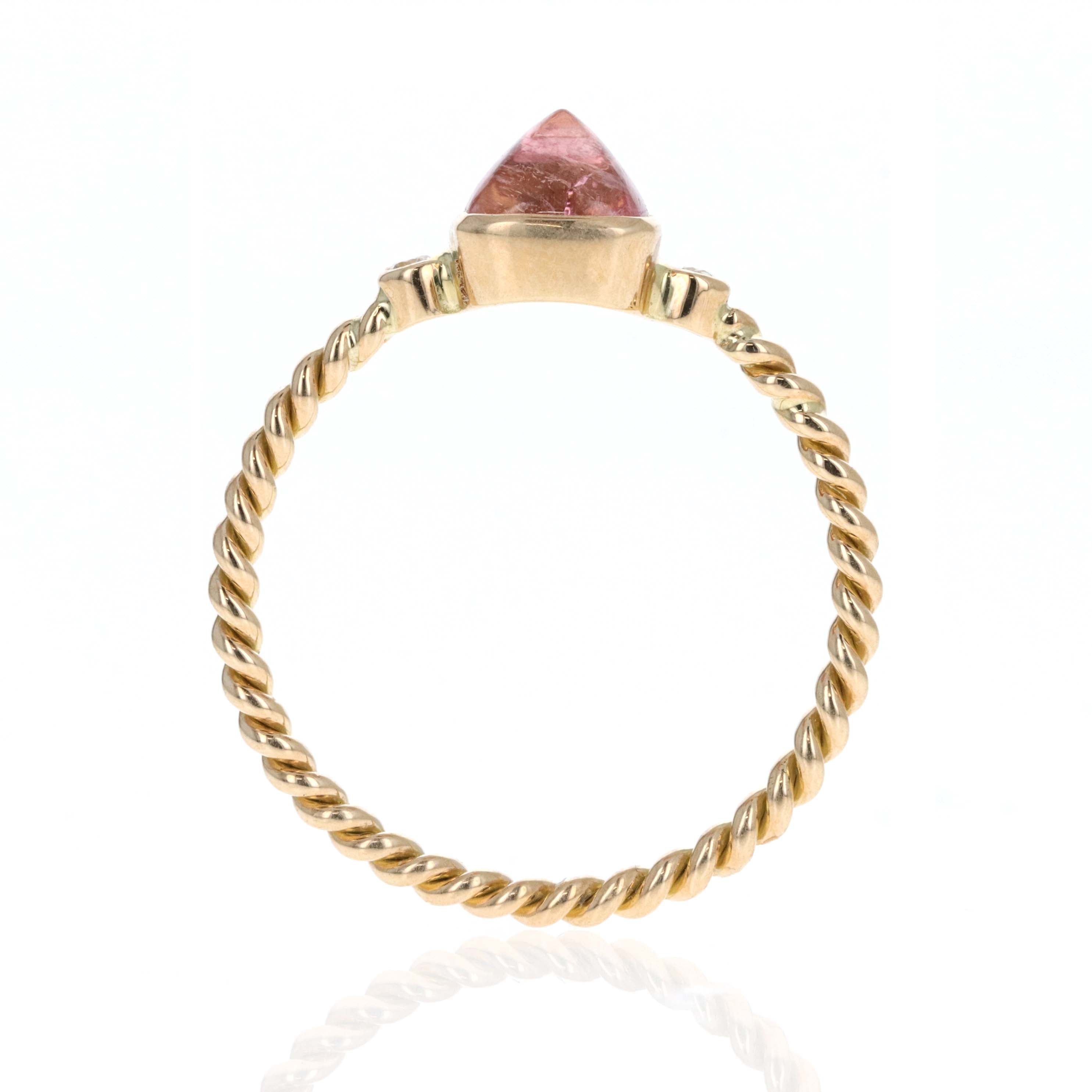 14K Yellow Gold 1.22 Carat Cabochon Pink Tourmaline Diamond Bezel Braided Ring - Queen May