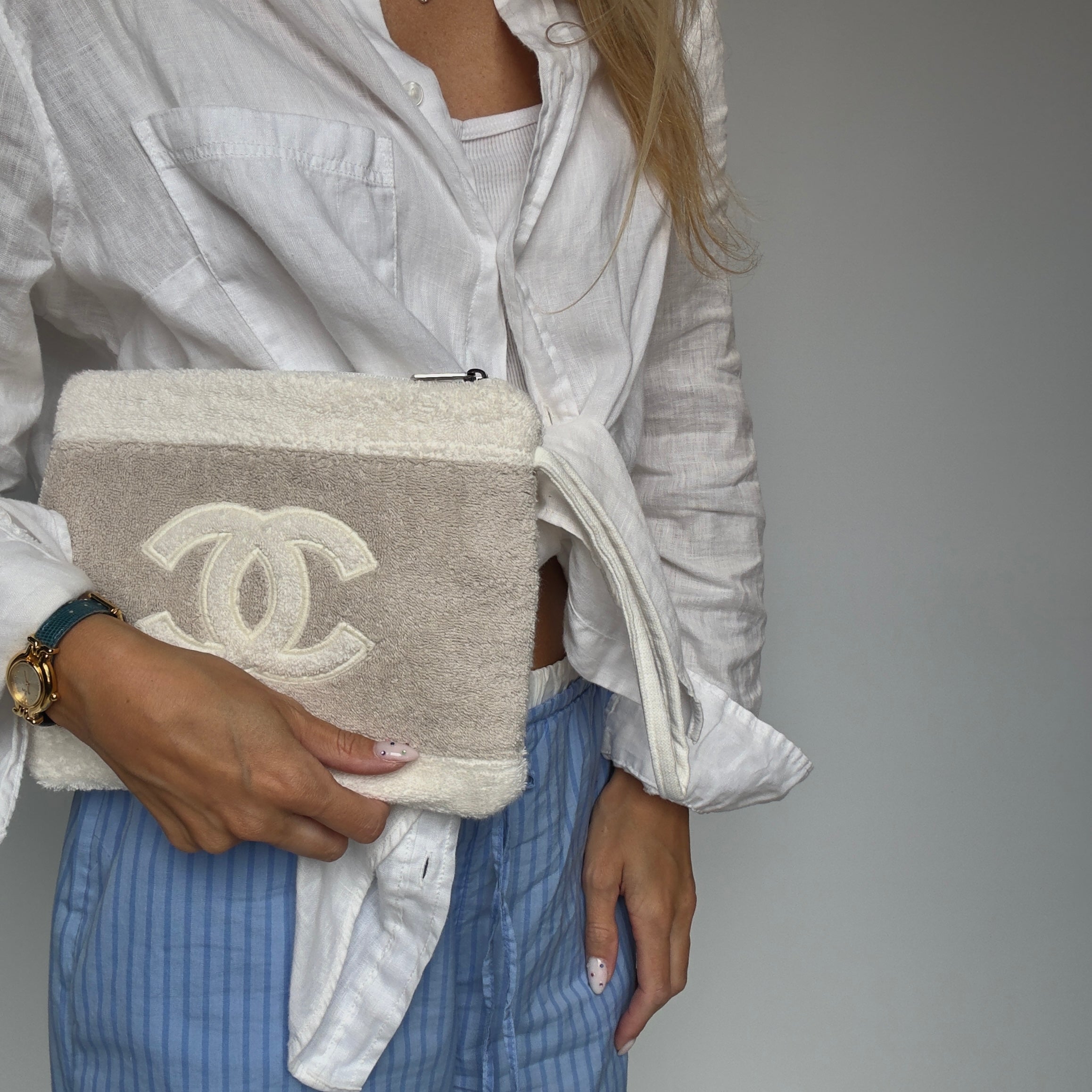 Chanel Terry Cotton CC Beach Tote Towel Bag With Pouch