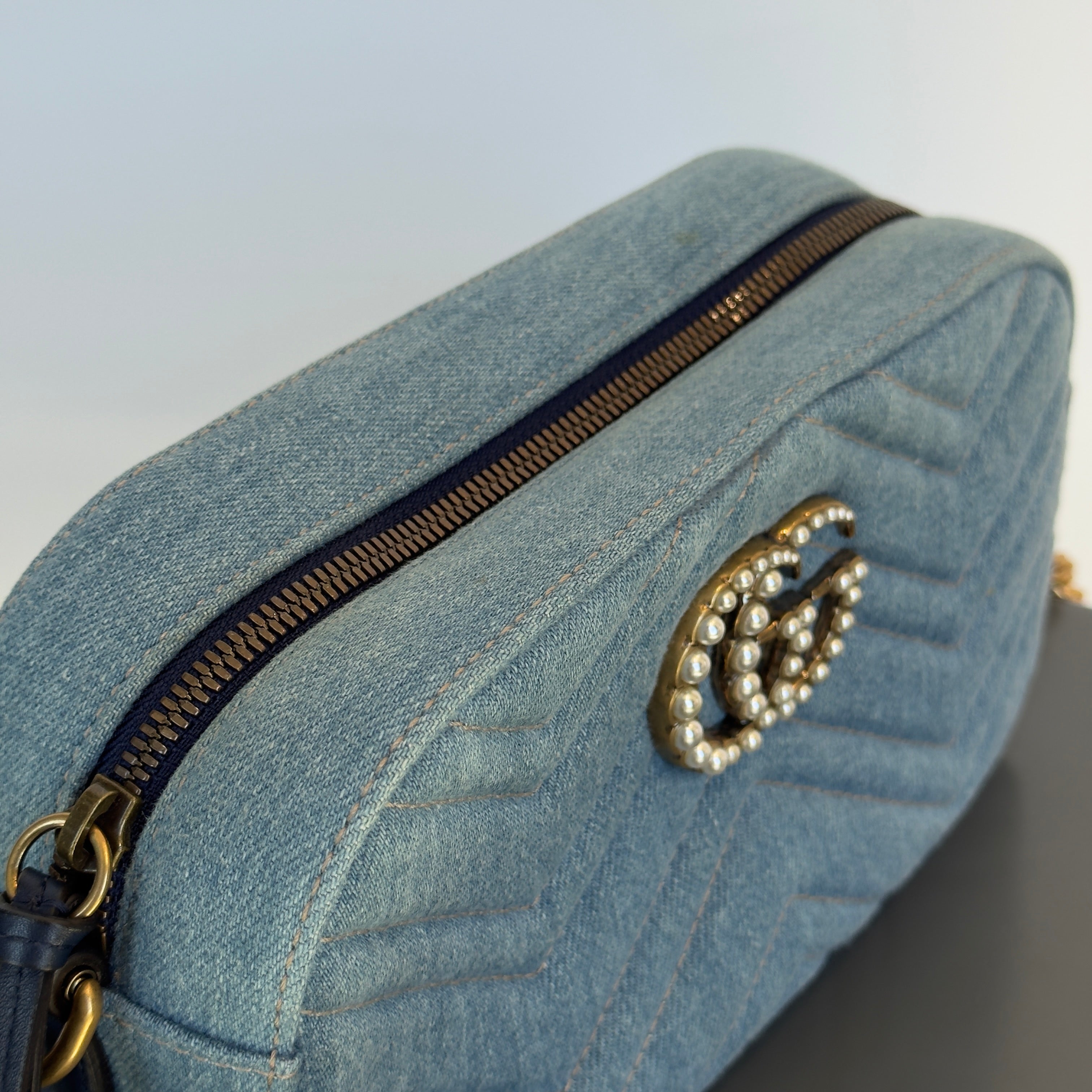 Gucci Marmont Matelasse Denim Pearl Bag