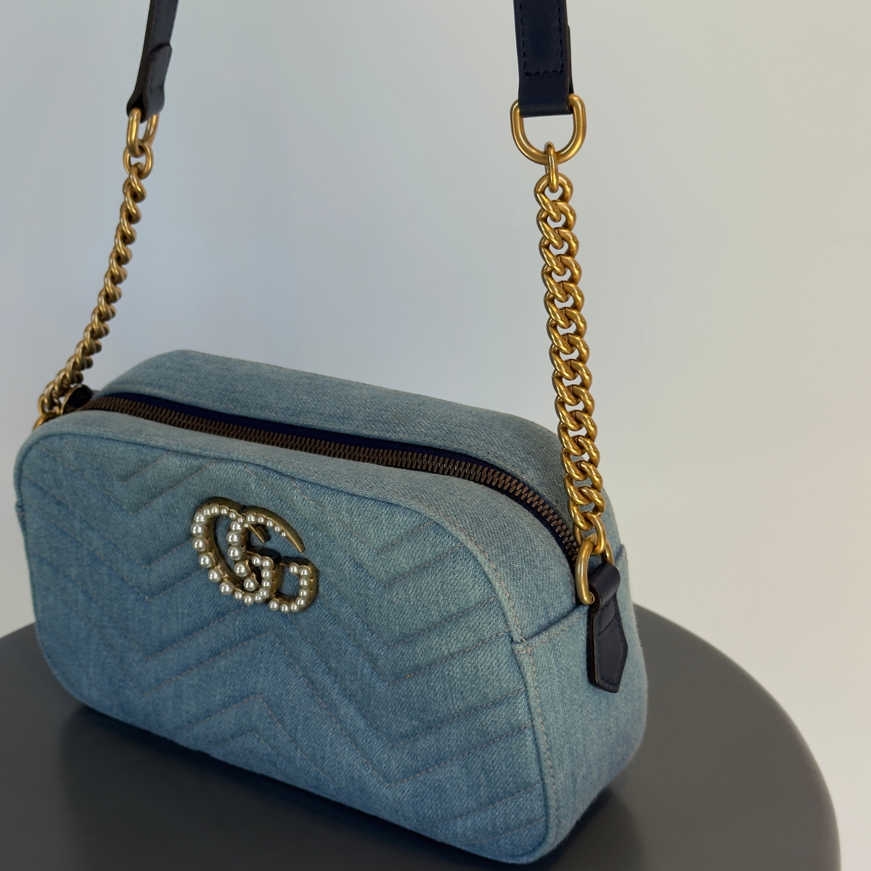 Gucci Marmont Matelasse Denim Pearl Bag
