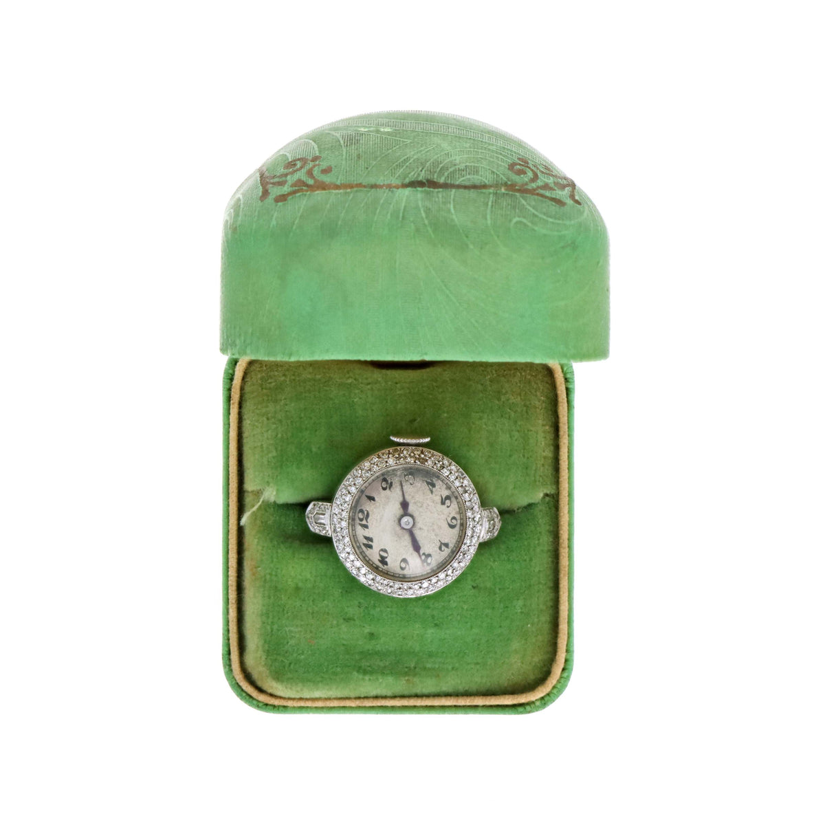 Art Deco c.1937 Platinum Breguet Numeral Diamond Bezel Swiss Ring Watch Powered By A Mechanical Blancpain Movement