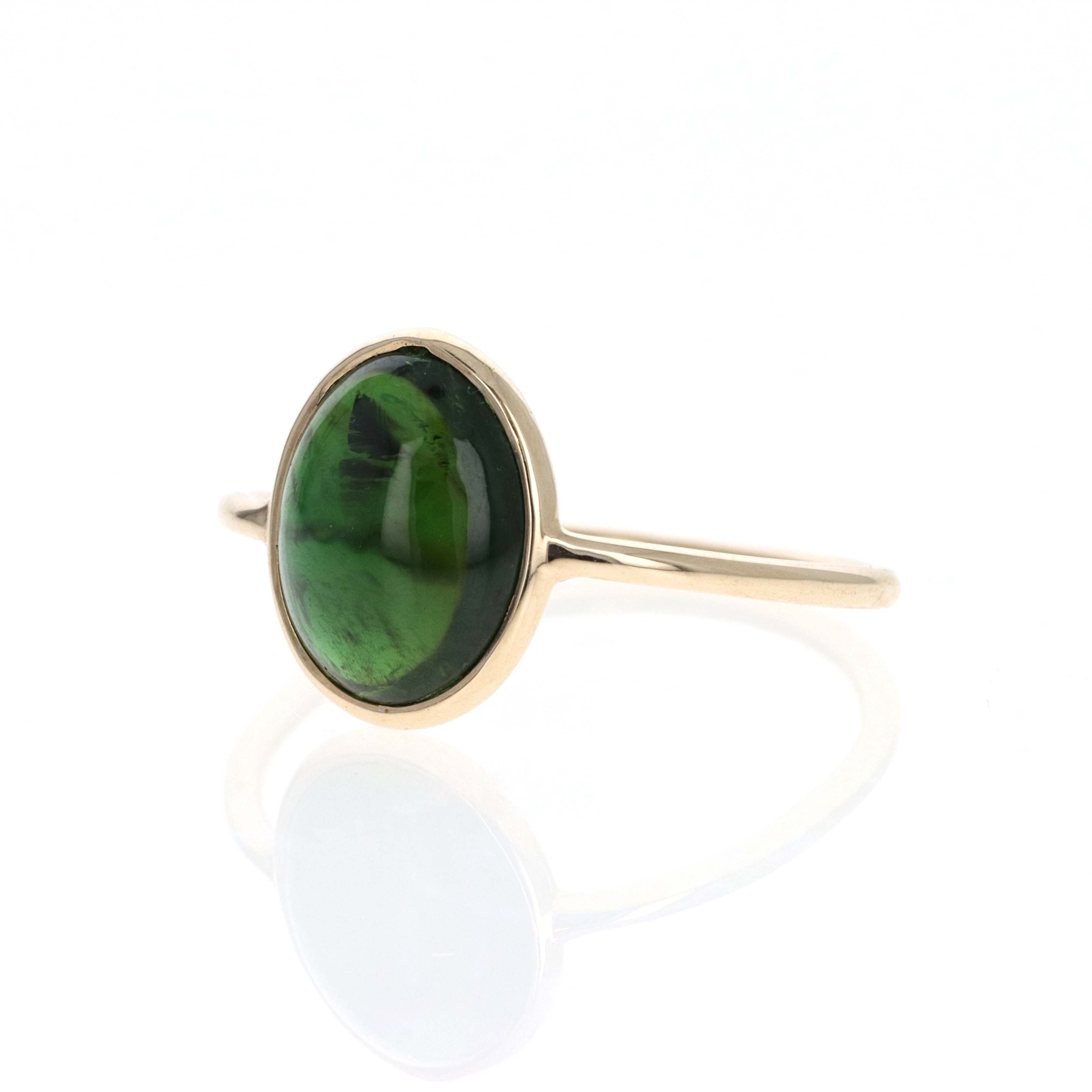 14K Yellow Gold 3.4 Carat Cabochon Green Tourmaline Bezel Ring - Queen May