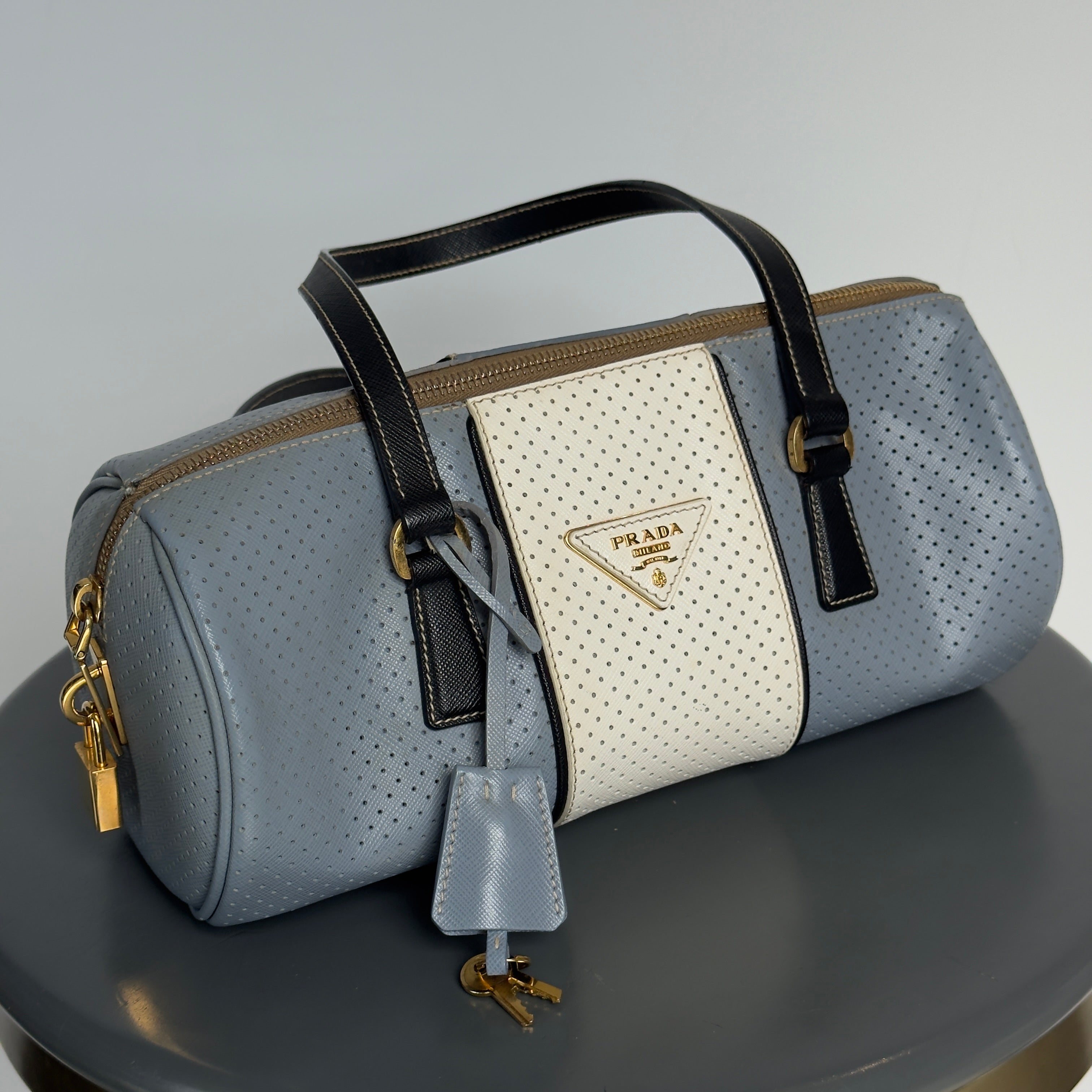 Prada Perforated Saffiano Lux Bauletto Bag Light Blue