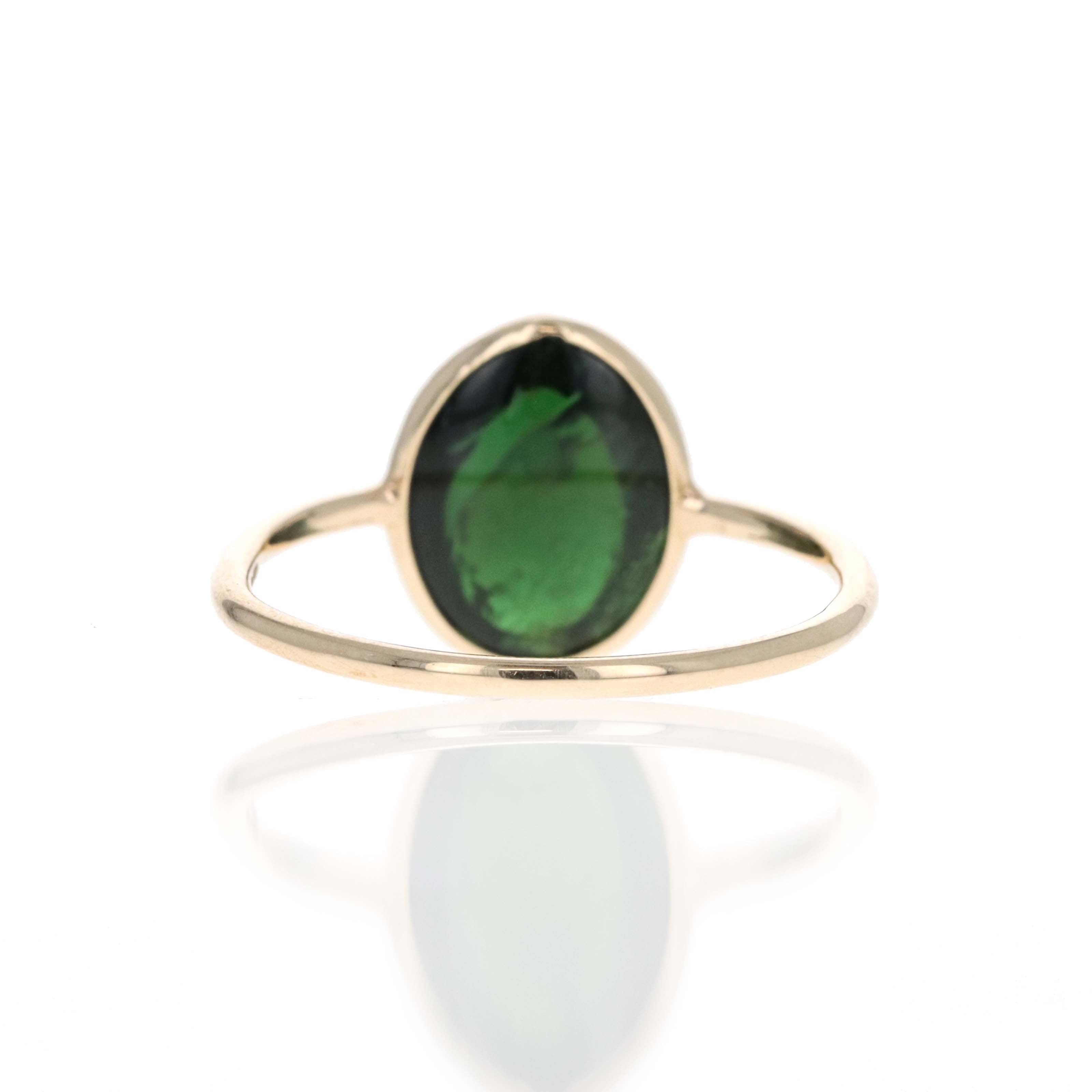 14K Yellow Gold 3.4 Carat Cabochon Green Tourmaline Bezel Ring - Queen May