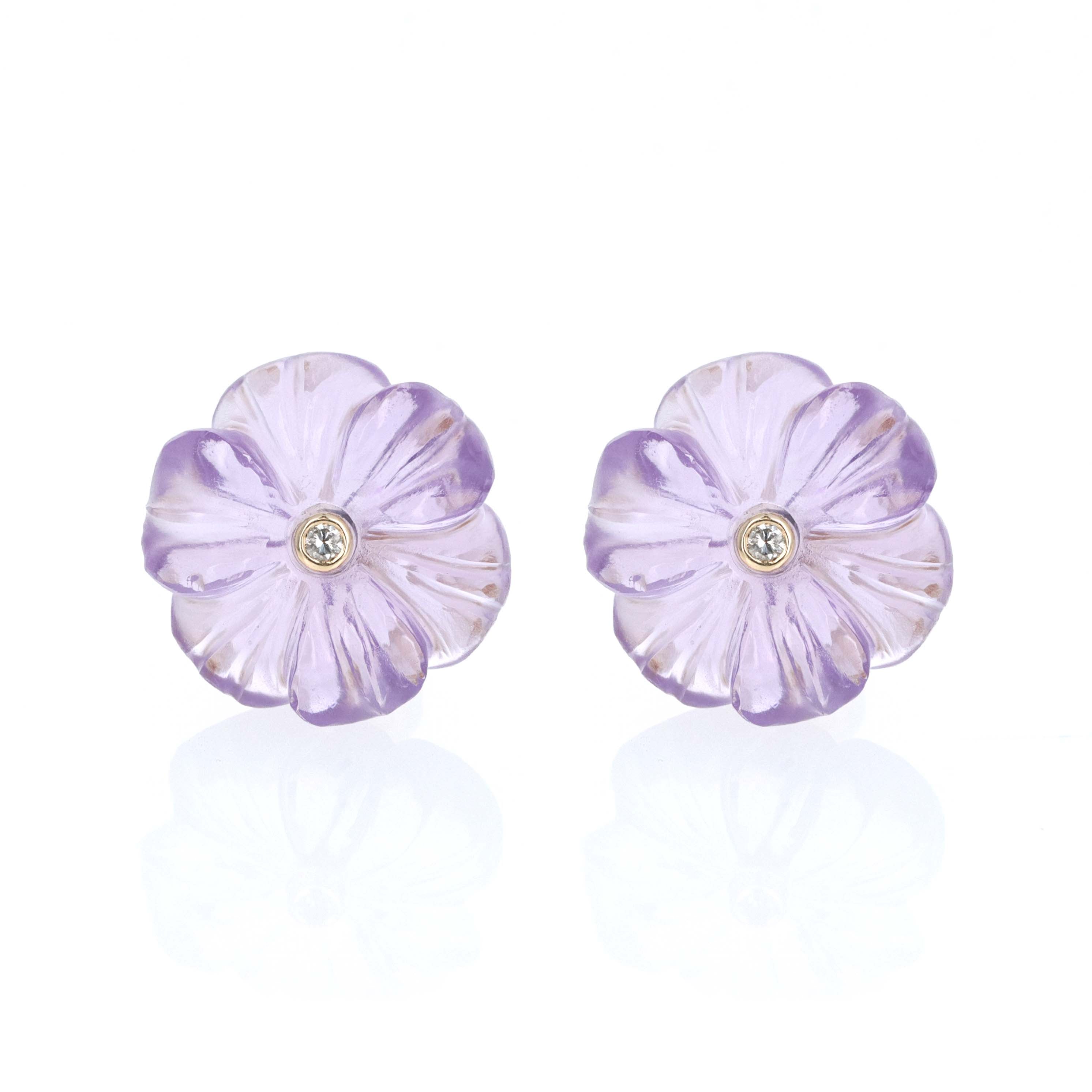 14K Yellow Gold 10.5 Carat Carved Amethyst Flower Earrings - Queen May