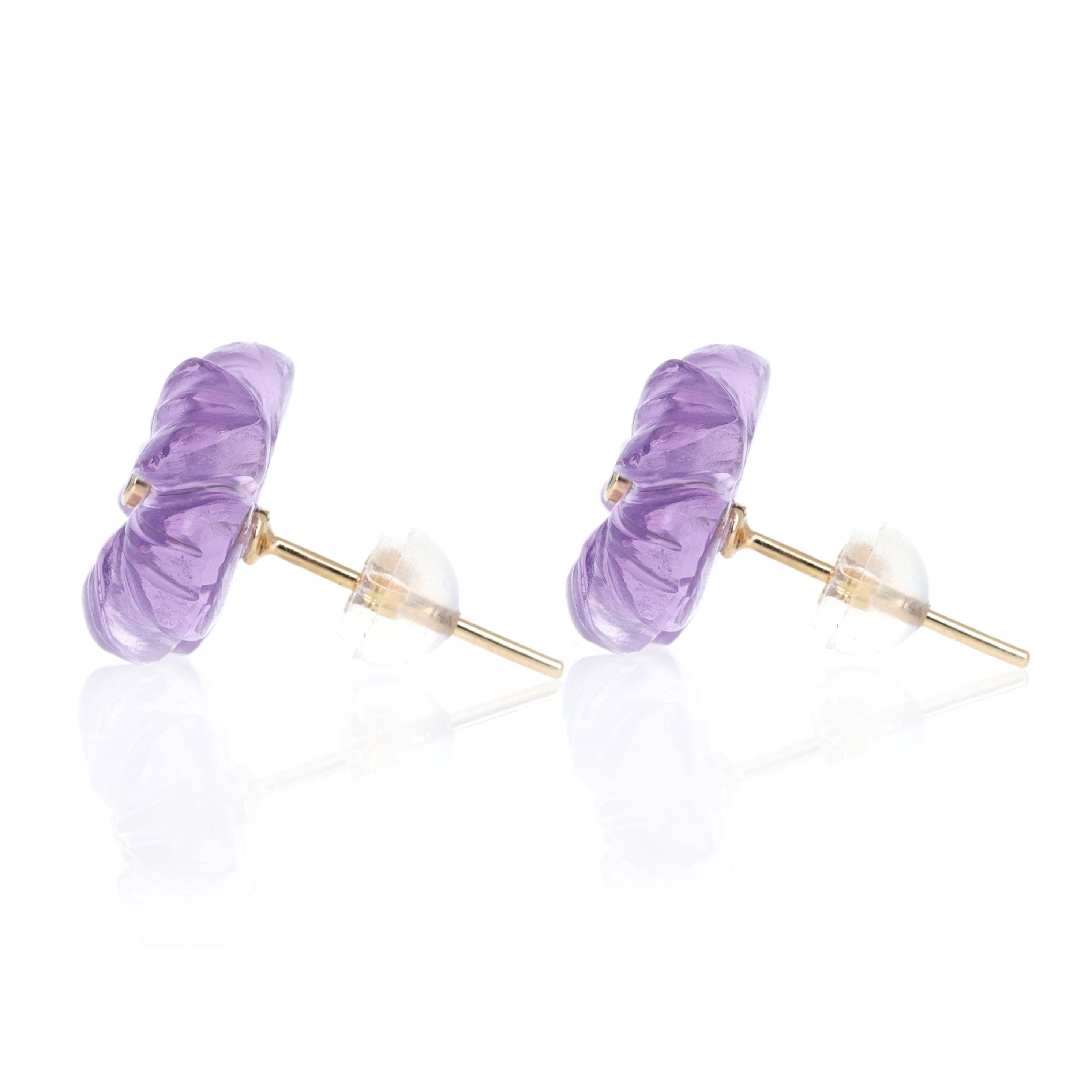 14K Yellow Gold 10.5 Carat Carved Amethyst Flower Earrings - Queen May