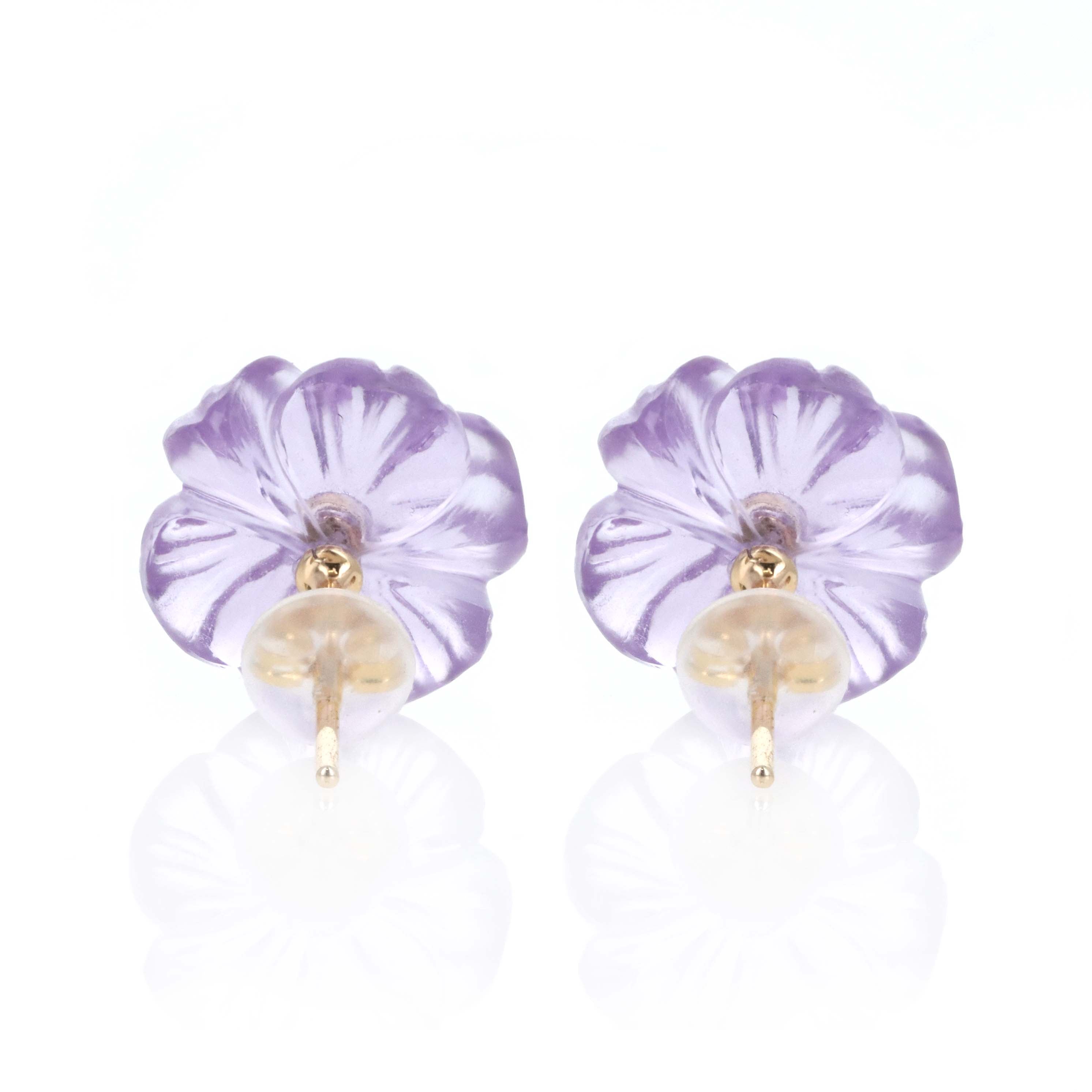 14K Yellow Gold 10.5 Carat Carved Amethyst Flower Earrings - Queen May