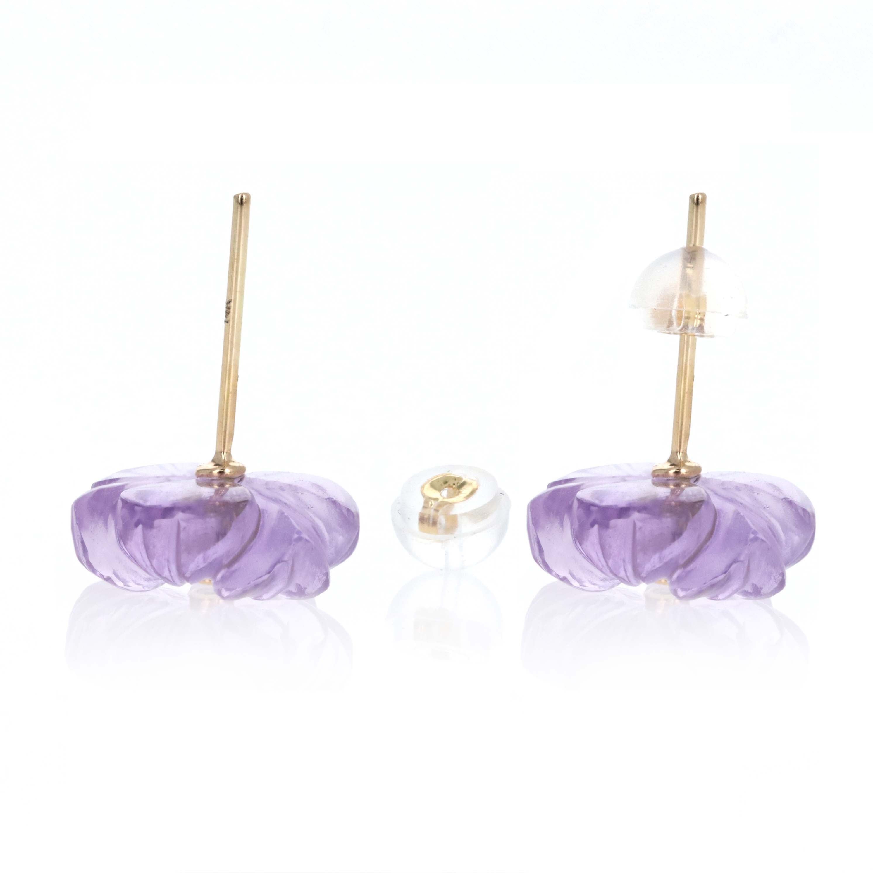 14K Yellow Gold 10.5 Carat Carved Amethyst Flower Earrings - Queen May