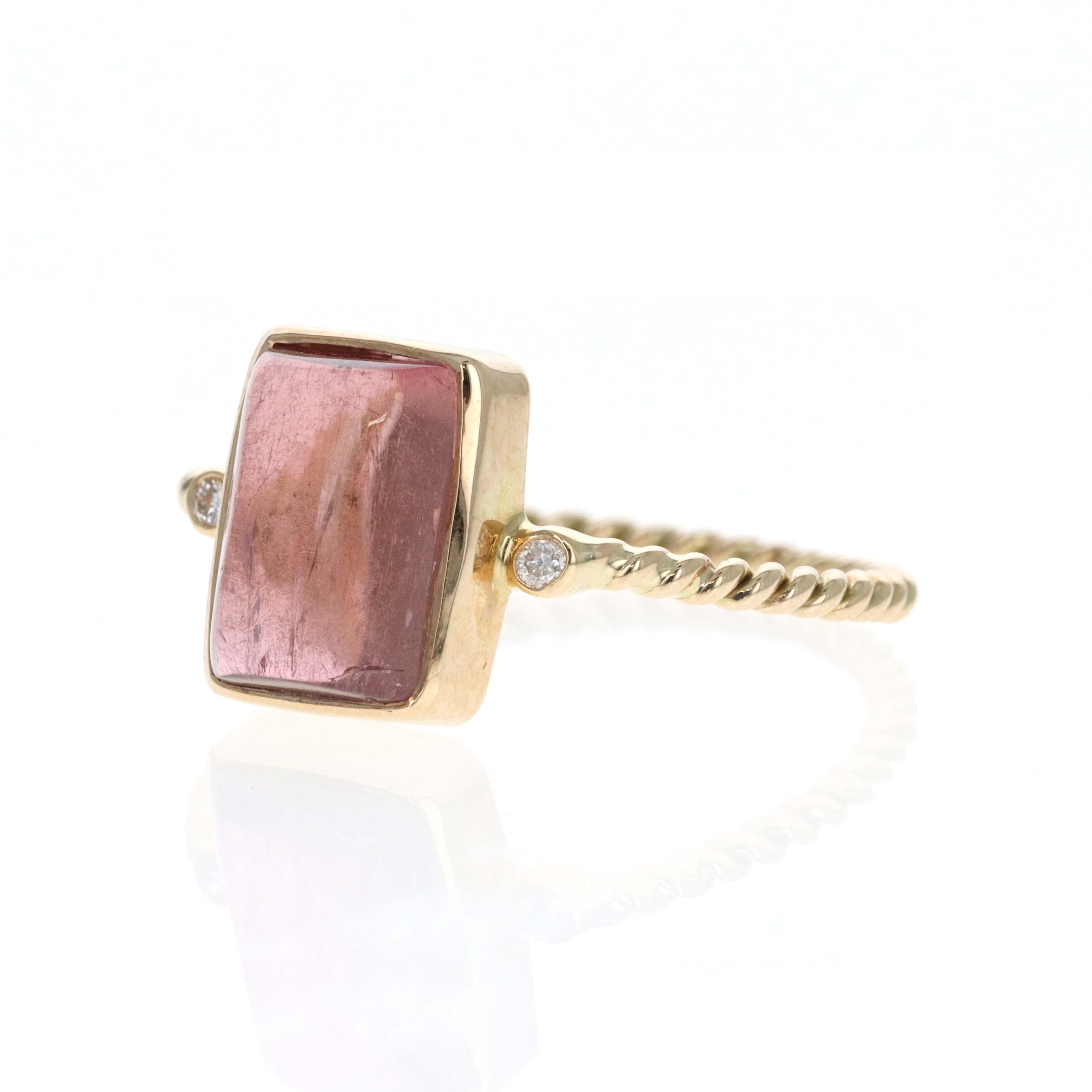 14K Yellow Gold 3.73 Carat Cabochon Pink Tourmaline Diamond Bezel Braided Ring - Queen May