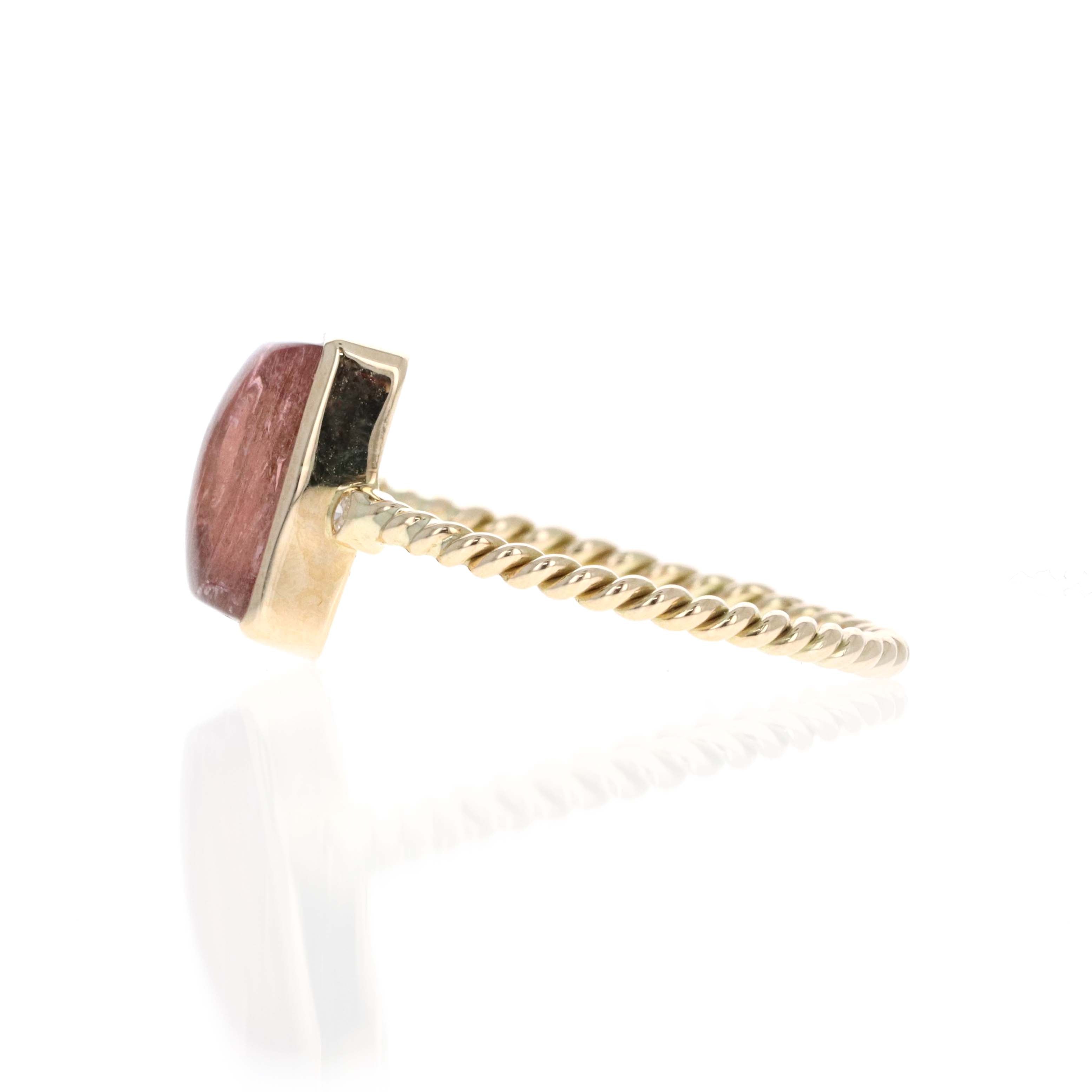 14K Yellow Gold 3.73 Carat Cabochon Pink Tourmaline Diamond Bezel Braided Ring - Queen May