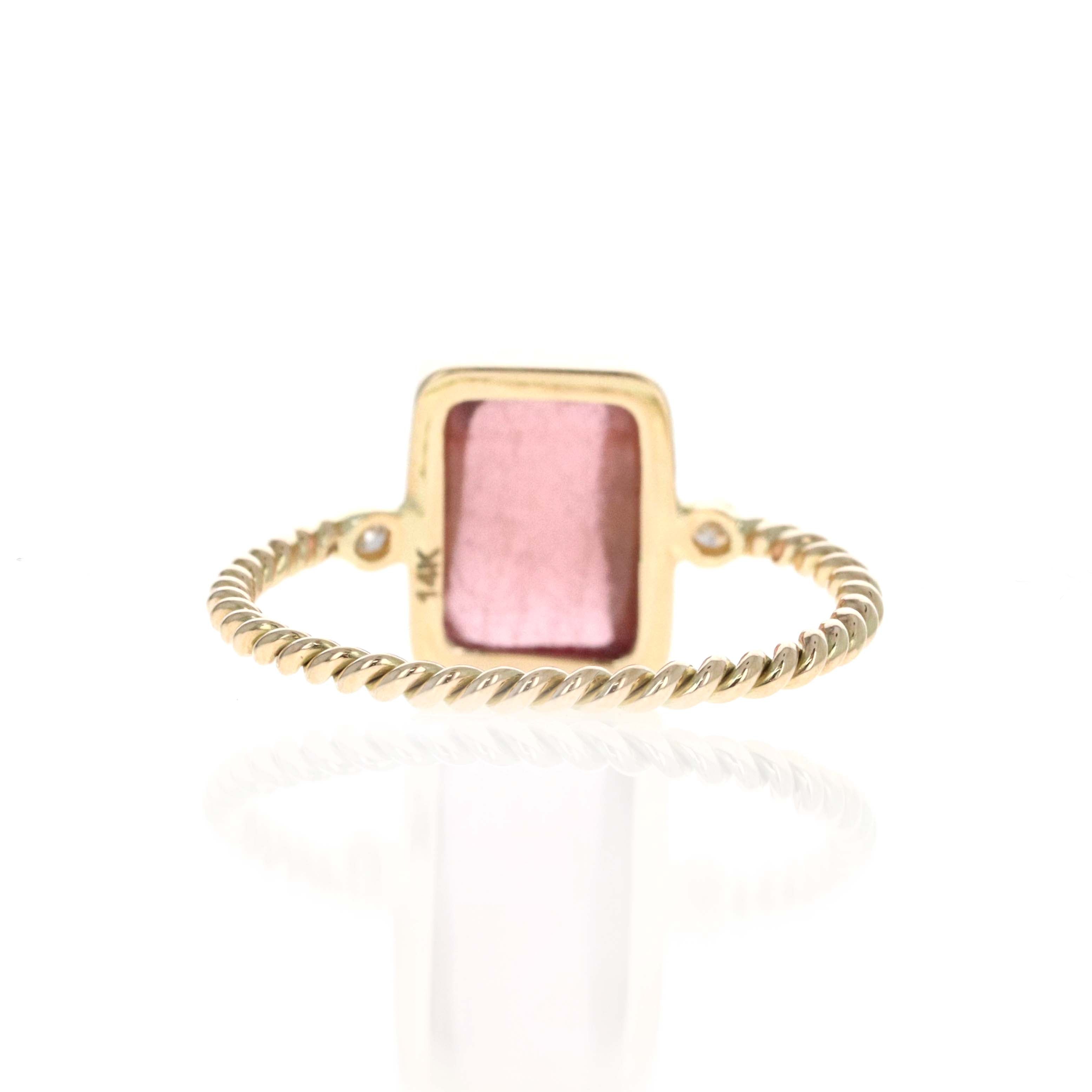 14K Yellow Gold 3.73 Carat Cabochon Pink Tourmaline Diamond Bezel Braided Ring - Queen May