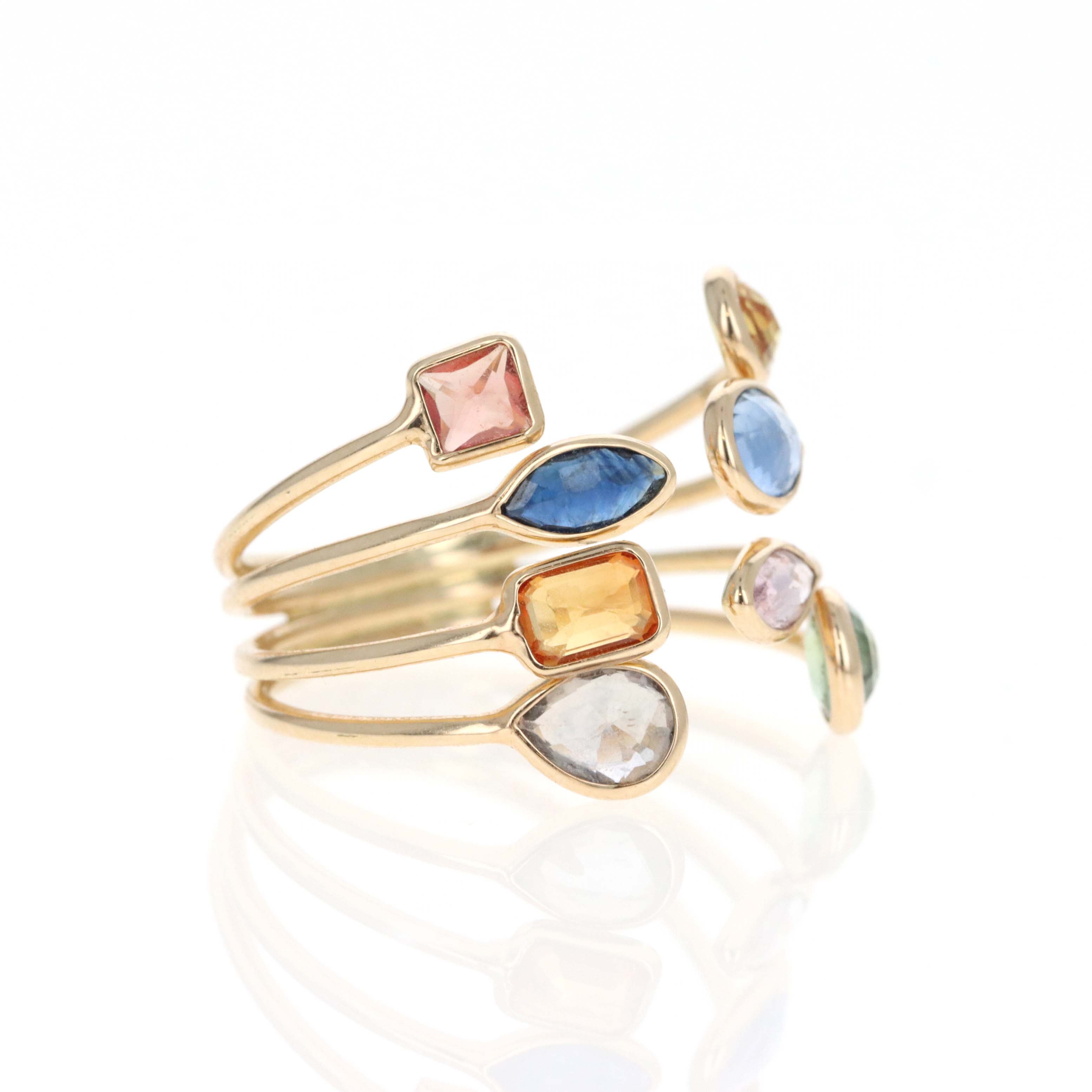 14K Yellow Gold 2.02 Carat Multi Color Sapphire Bezel Ring - Queen May