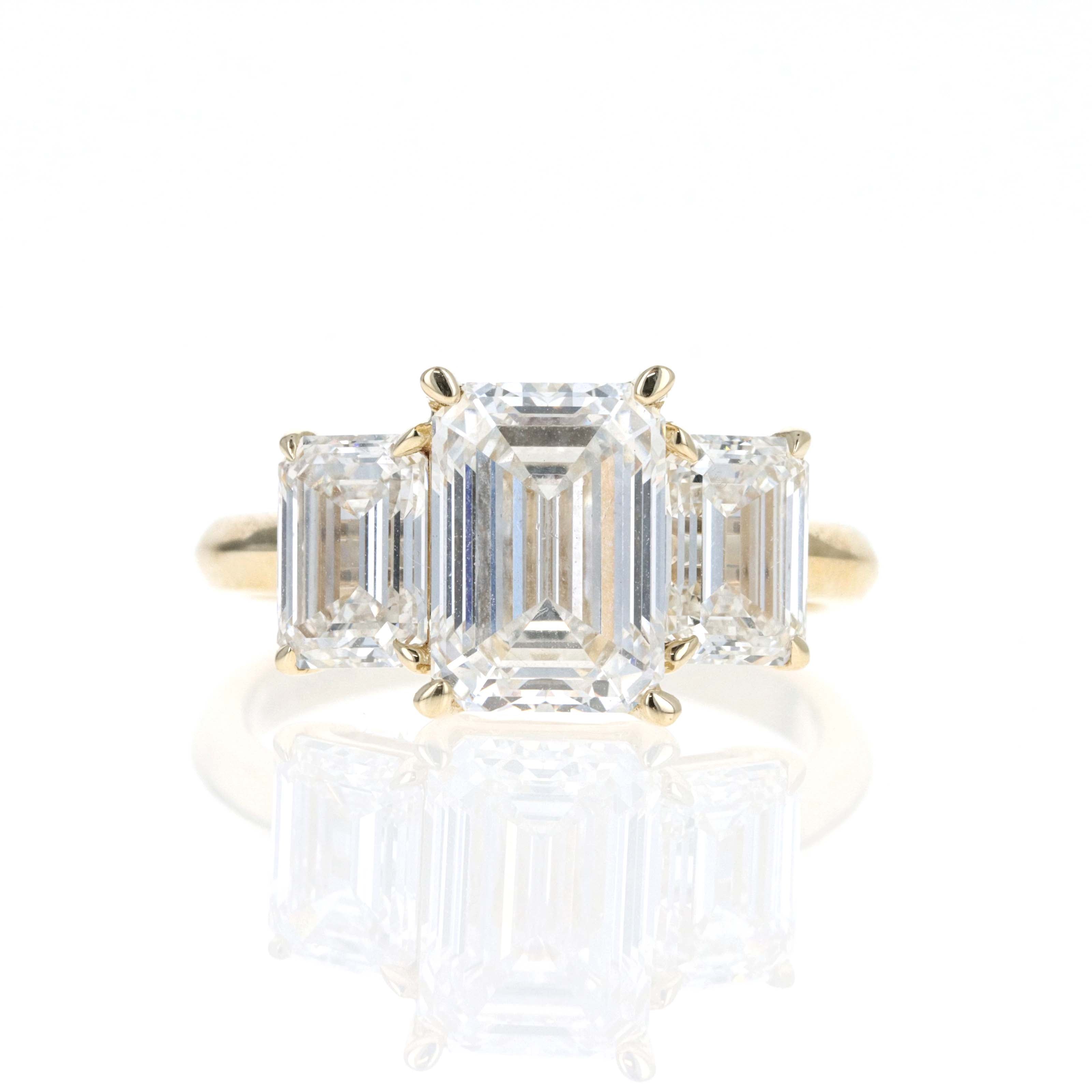 Lab Grown 5 Carat Emerald Diamond Three Stone Engagement Ring - Queen May