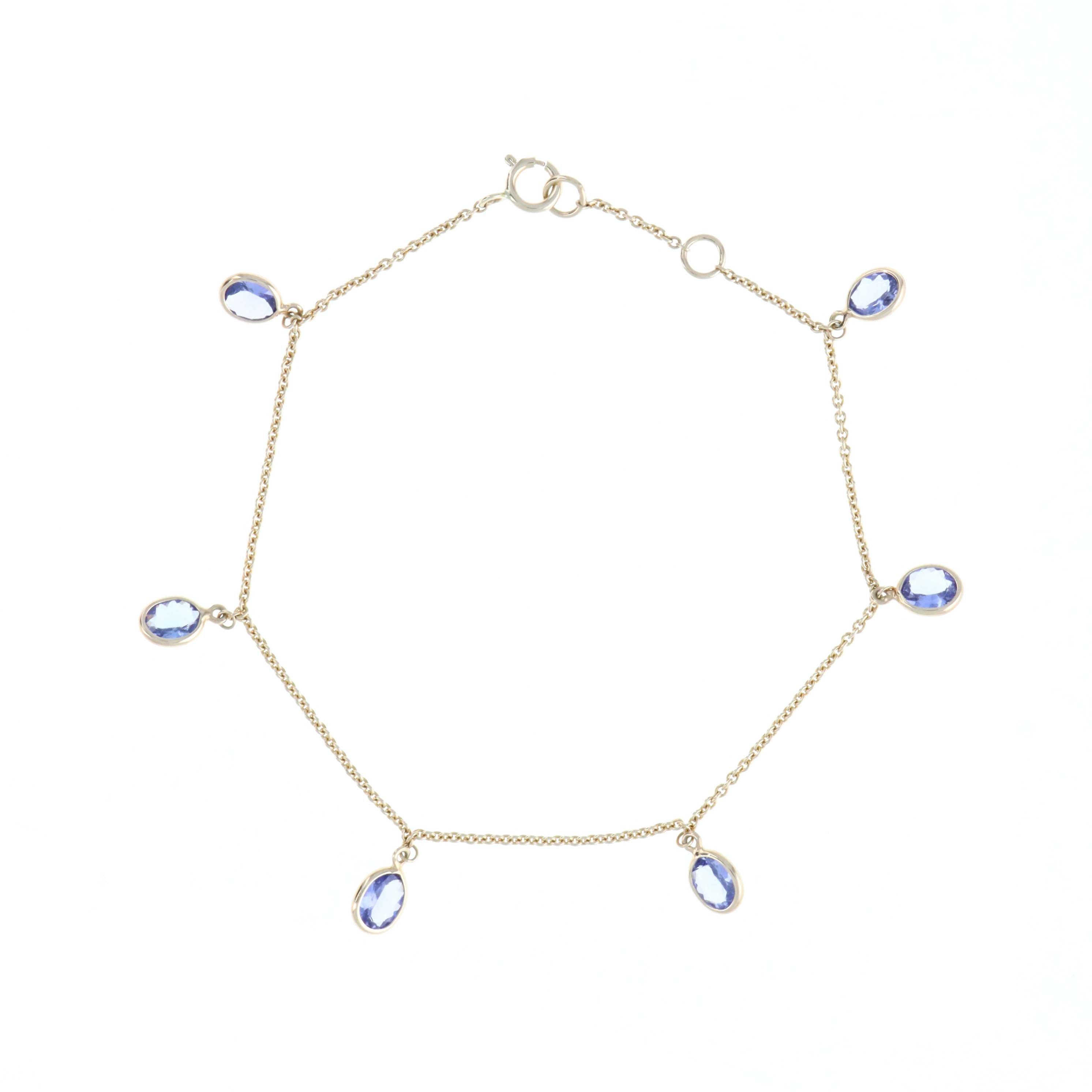 14K Yellow Gold 2.1 Carat Tanzanite Dangle Bezel Station Bracelet - Queen May