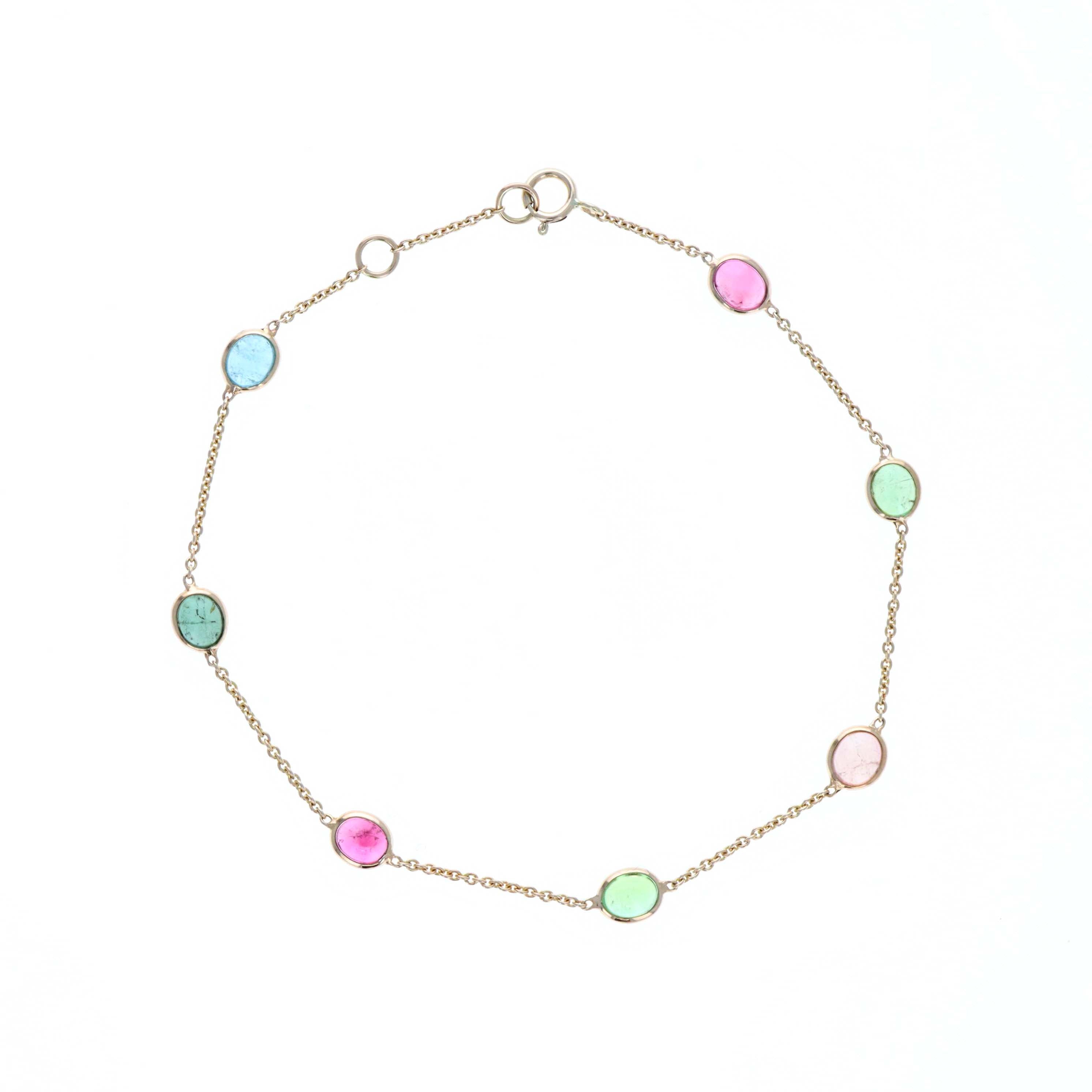 14K Yellow Gold 3.27 Carat Multi-Color Tourmaline Bezel Station Bracelet - Queen May