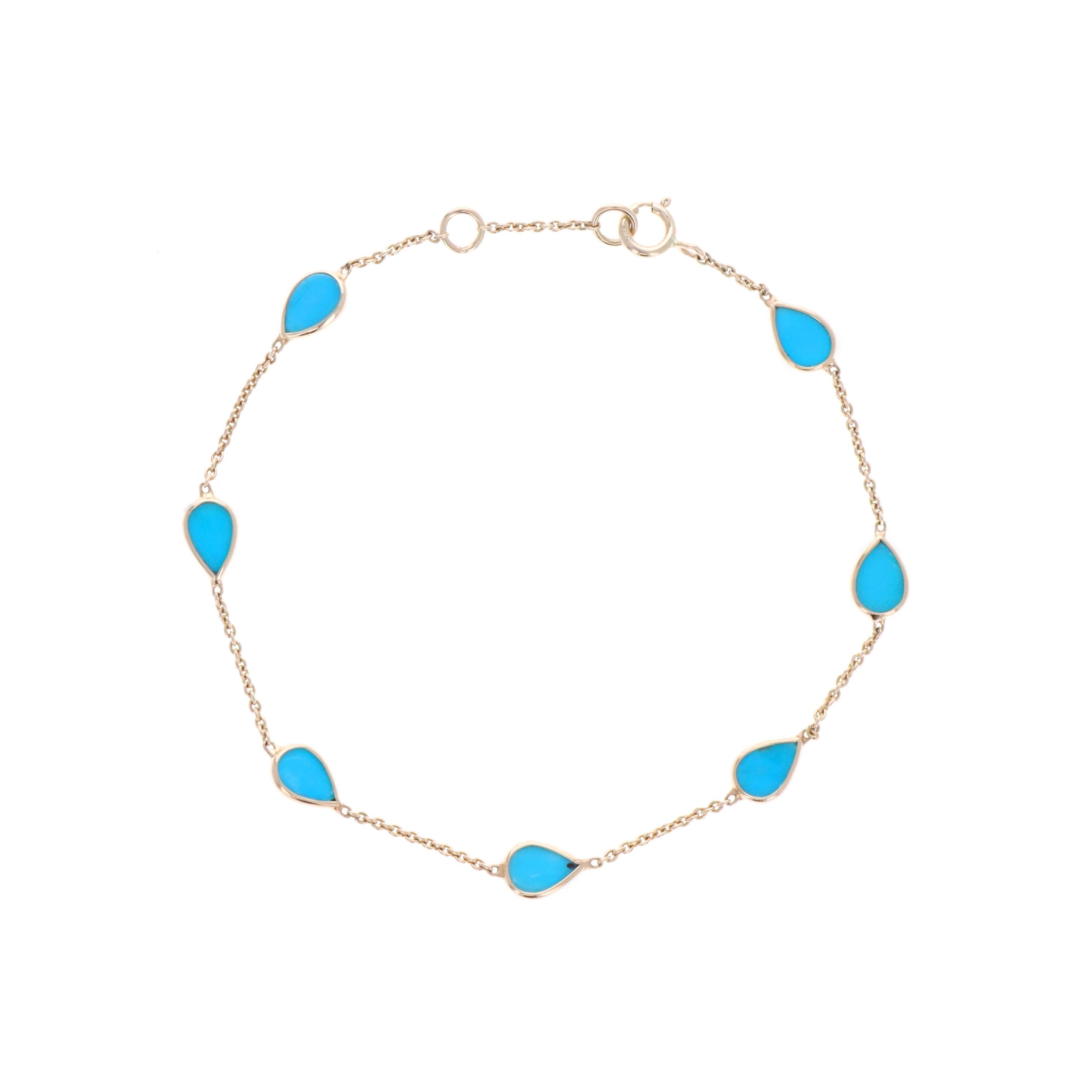 14K Yellow Gold Turquoise Bezel Station Bracelet - Queen May