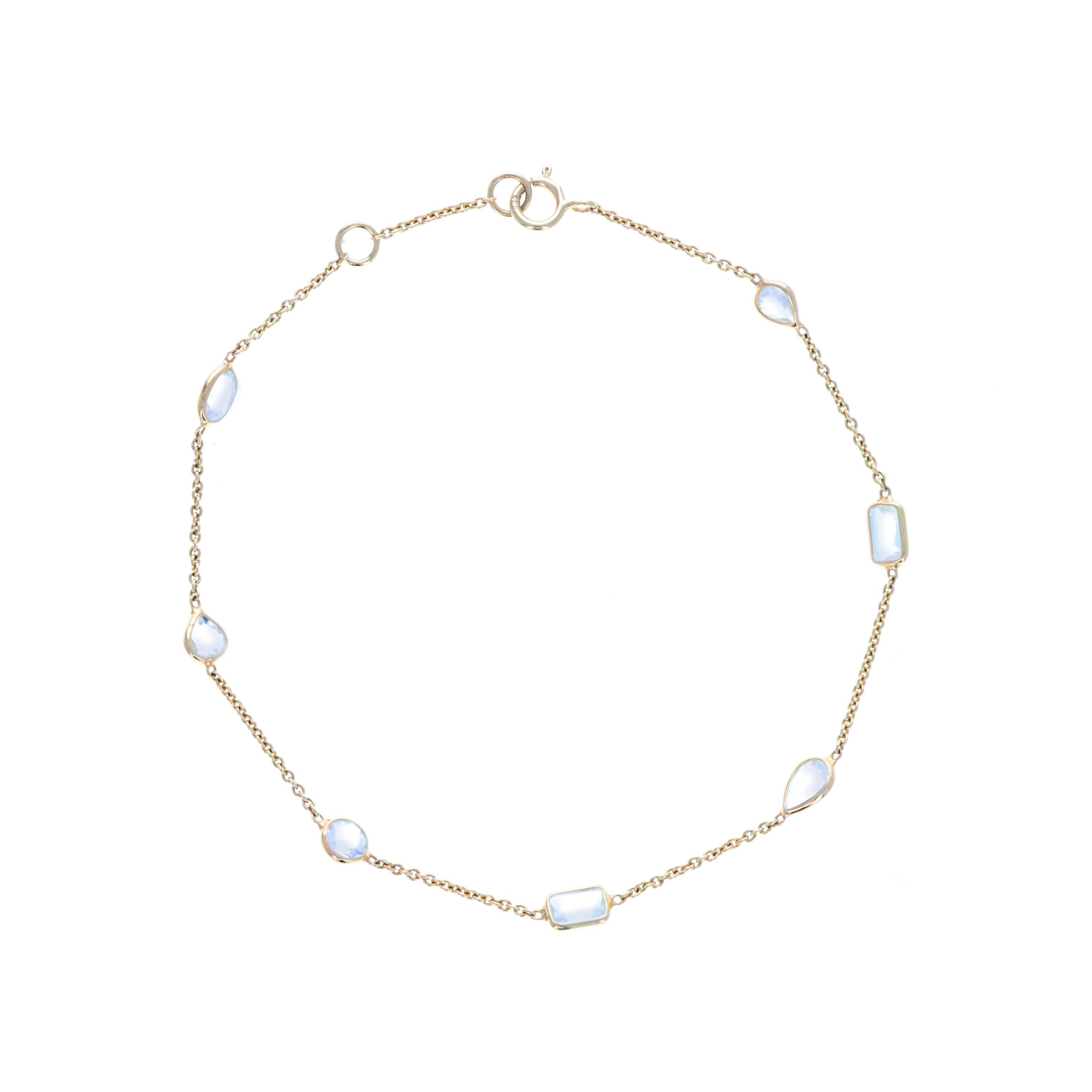 14K Yellow Gold 1.65 Carat Rainbow Moonstone Bezel Station Bracelet - Queen May