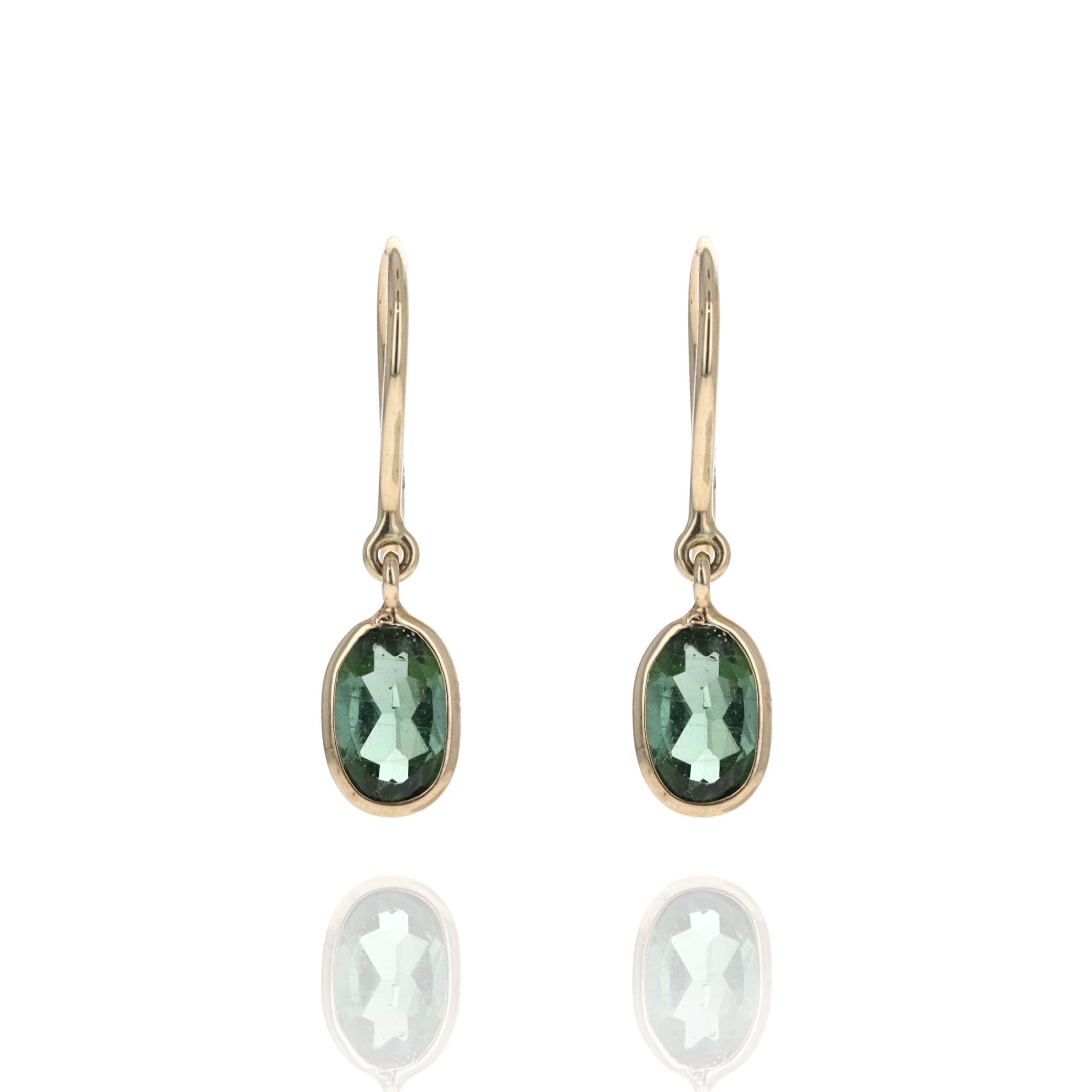 14K Yellow Gold 1.3 Carat Oval Green Tourmaline Drop Bezel Earrings - Queen May